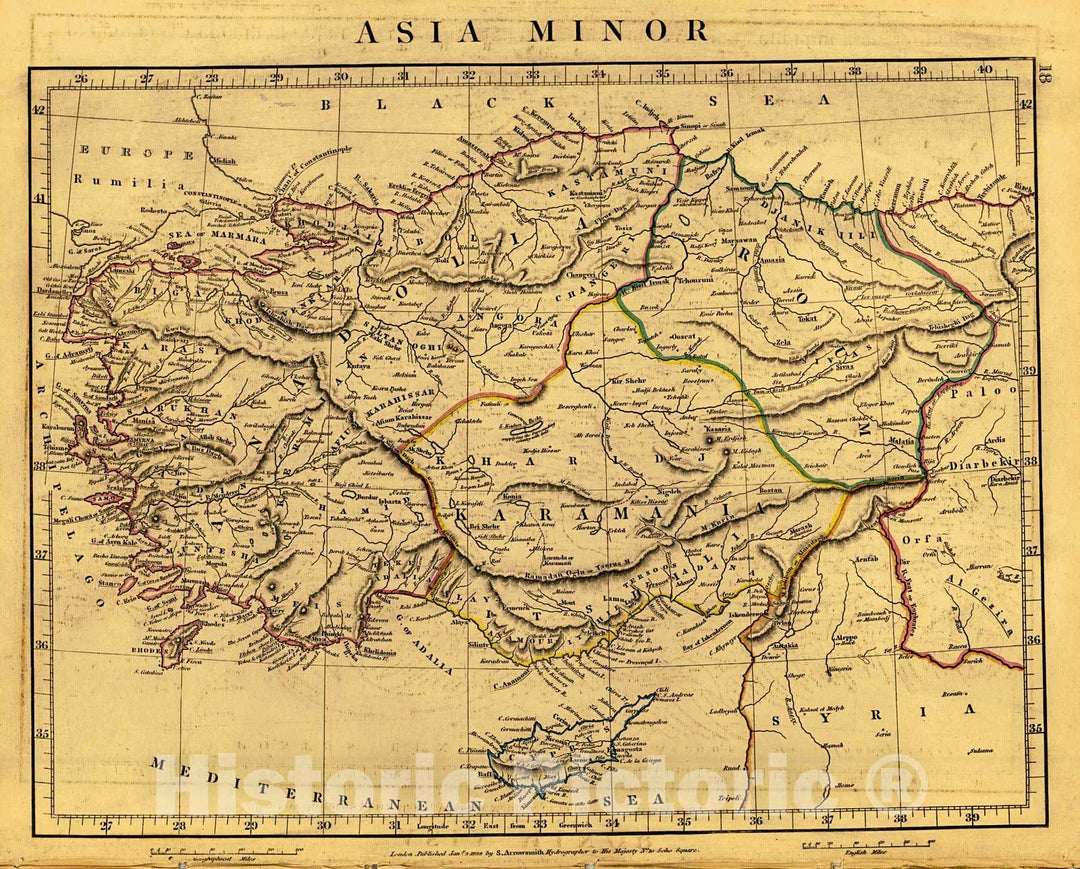 Historic Map : Asia Minor 1828 Hand Colored Cartographer: A Arrowsmith :  Atlas of Ancient and Modern Geography : Vintage Wall Art