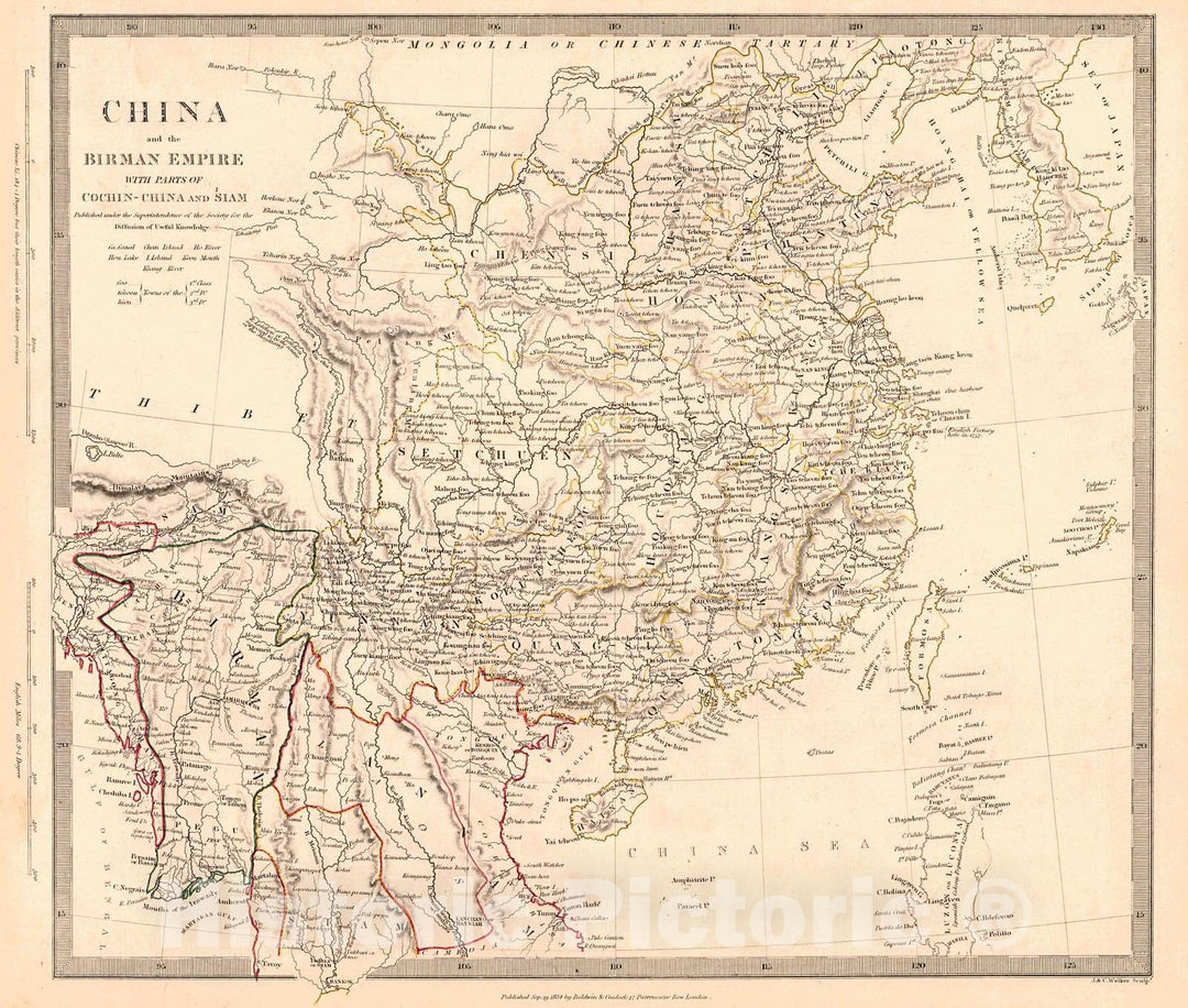 Historic Map : 1834 China and the Birman Empire with parts of Cochin-China and Siam : Vintage Wall Art