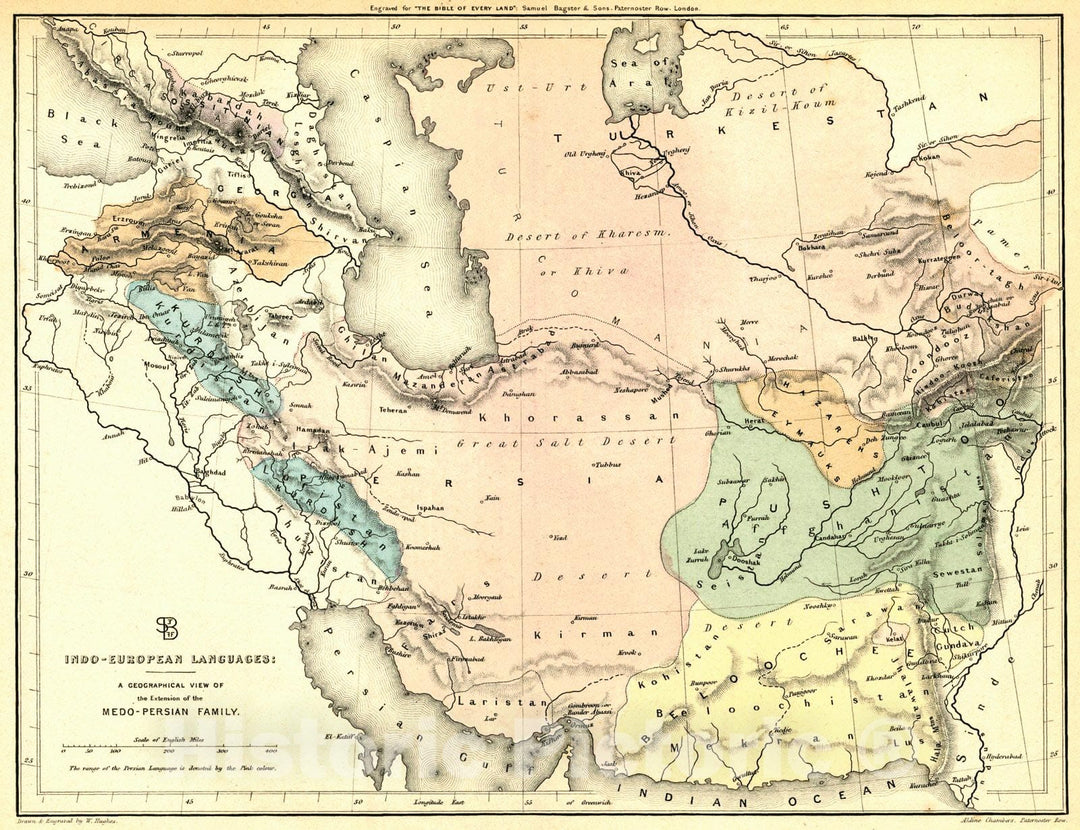 Historic Map : 1850 A Geographical View of the Extension of the Medo-Persian Family : Vintage Wall Art