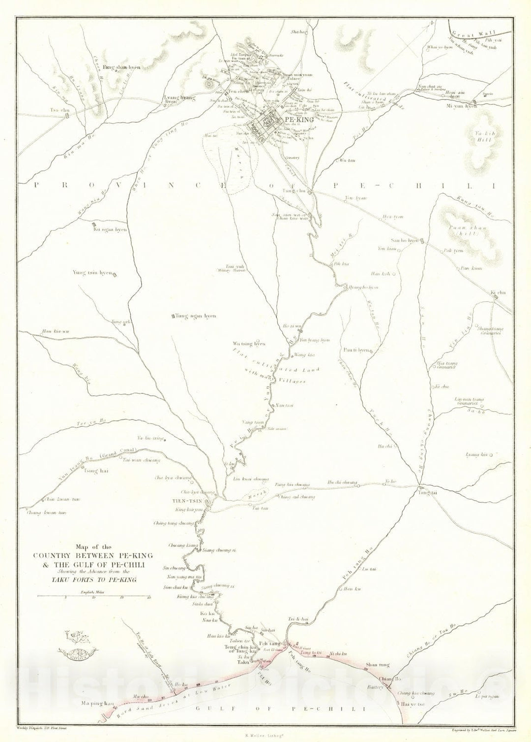 Historic Map : 1860 Map of the country between Pe-King & the Gulf of Pe- Chili showing the advance from the taku forts to Pe-King : Vintage Wall Art