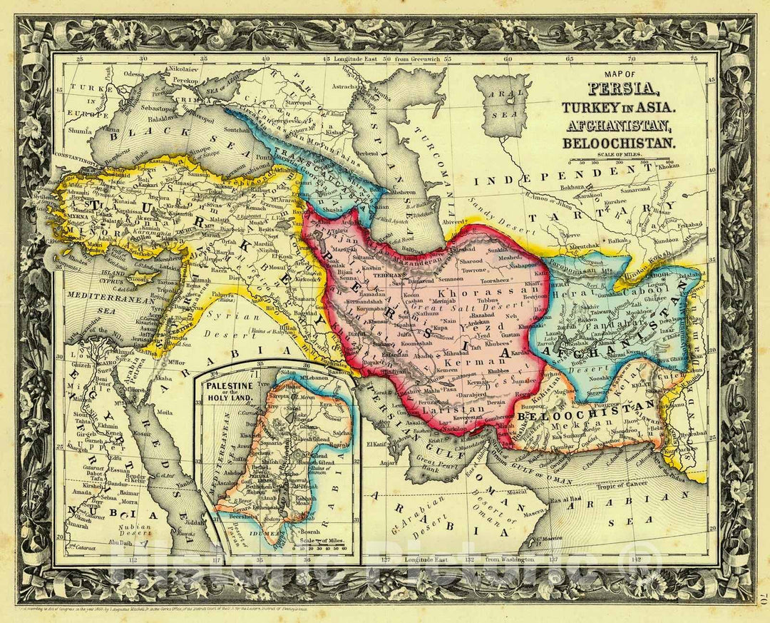 Historic Map : 1861 Map of Persia, Turkey in Asia, Afghanistan, Beloochistan : Vintage Wall Art