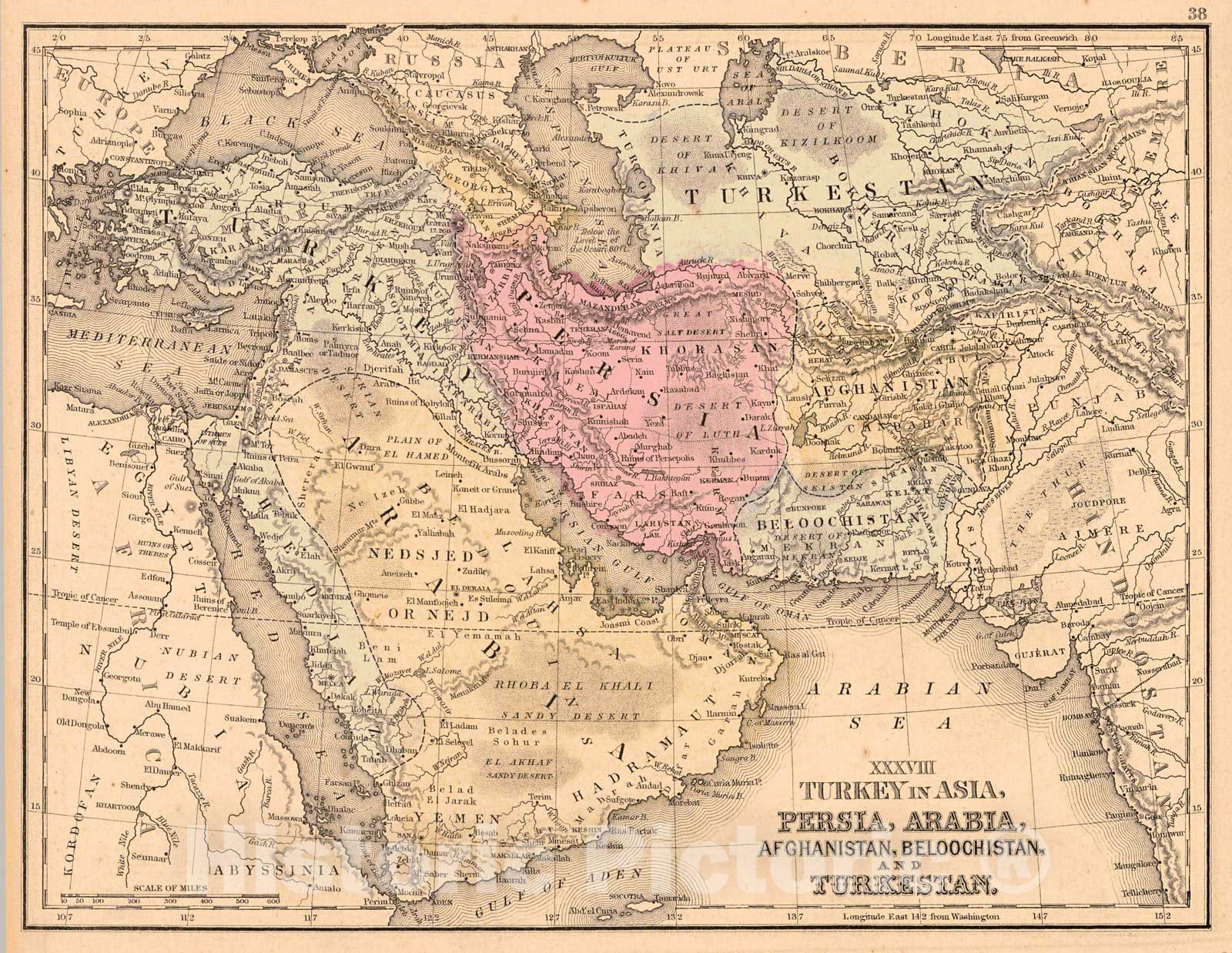 Historic Map : 1871 Turkey in Asia, Persia, Arabia, Afghanistan, Beloochistan and Turkestan : Vintage Wall Art