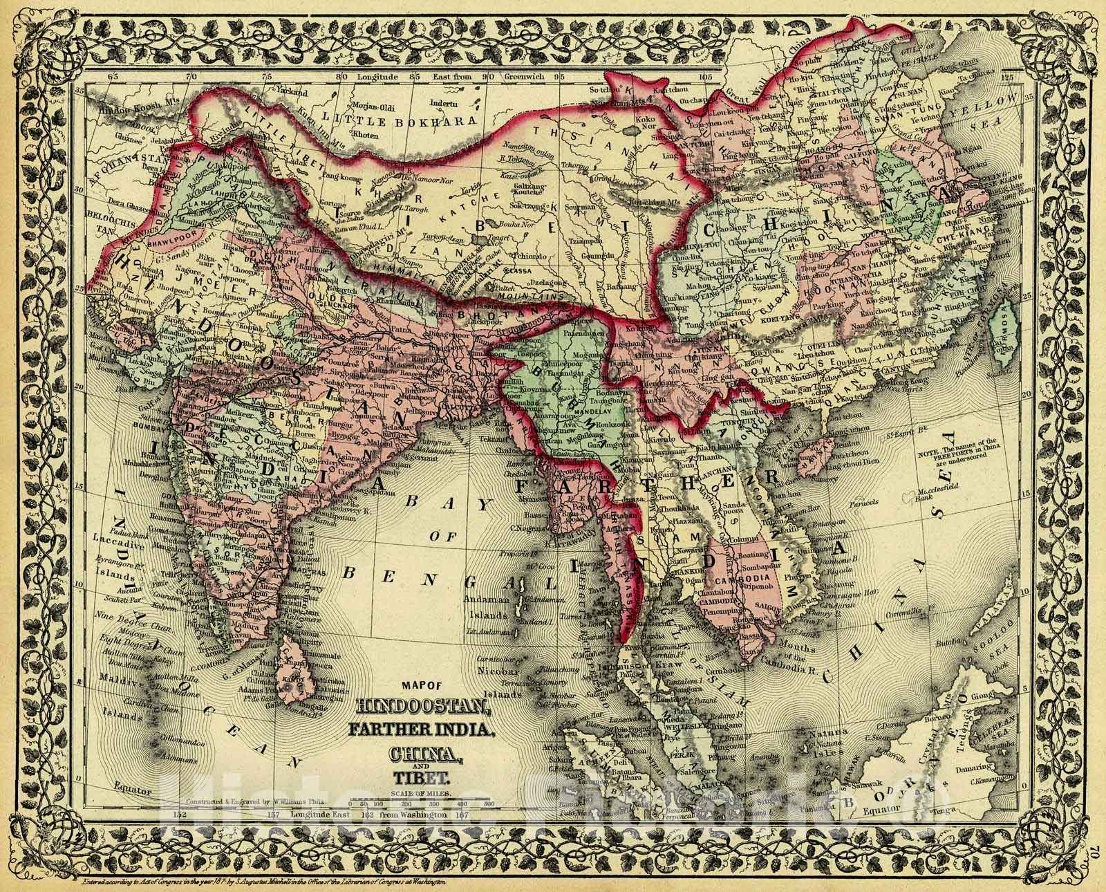 Historic Map : 1874 Map of Hindoostan, Farther India, China and Tibet : Vintage Wall Art