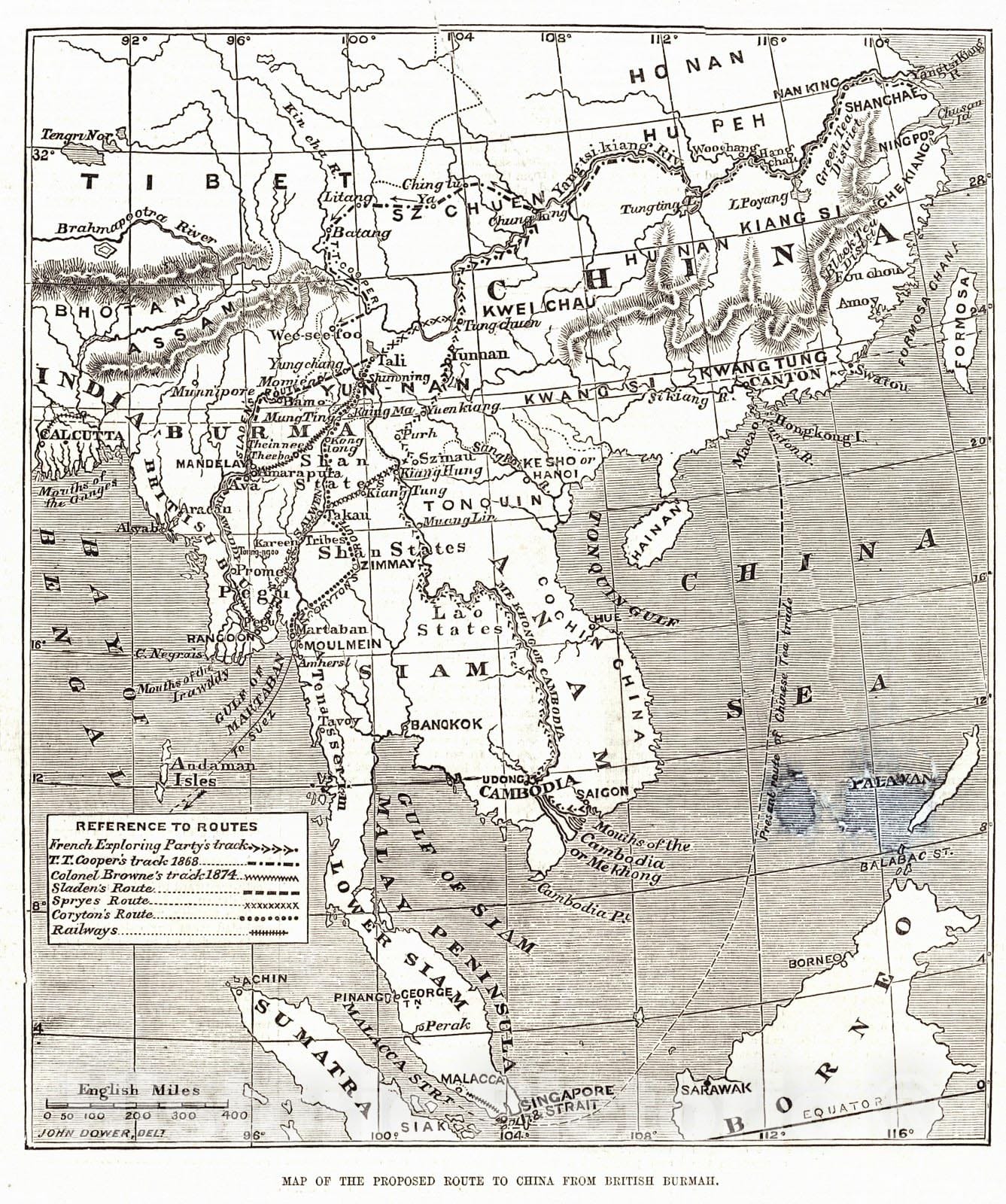 Historic Map : 1875 Map of the Proposed Route to China from British Burmah : Vintage Wall Art