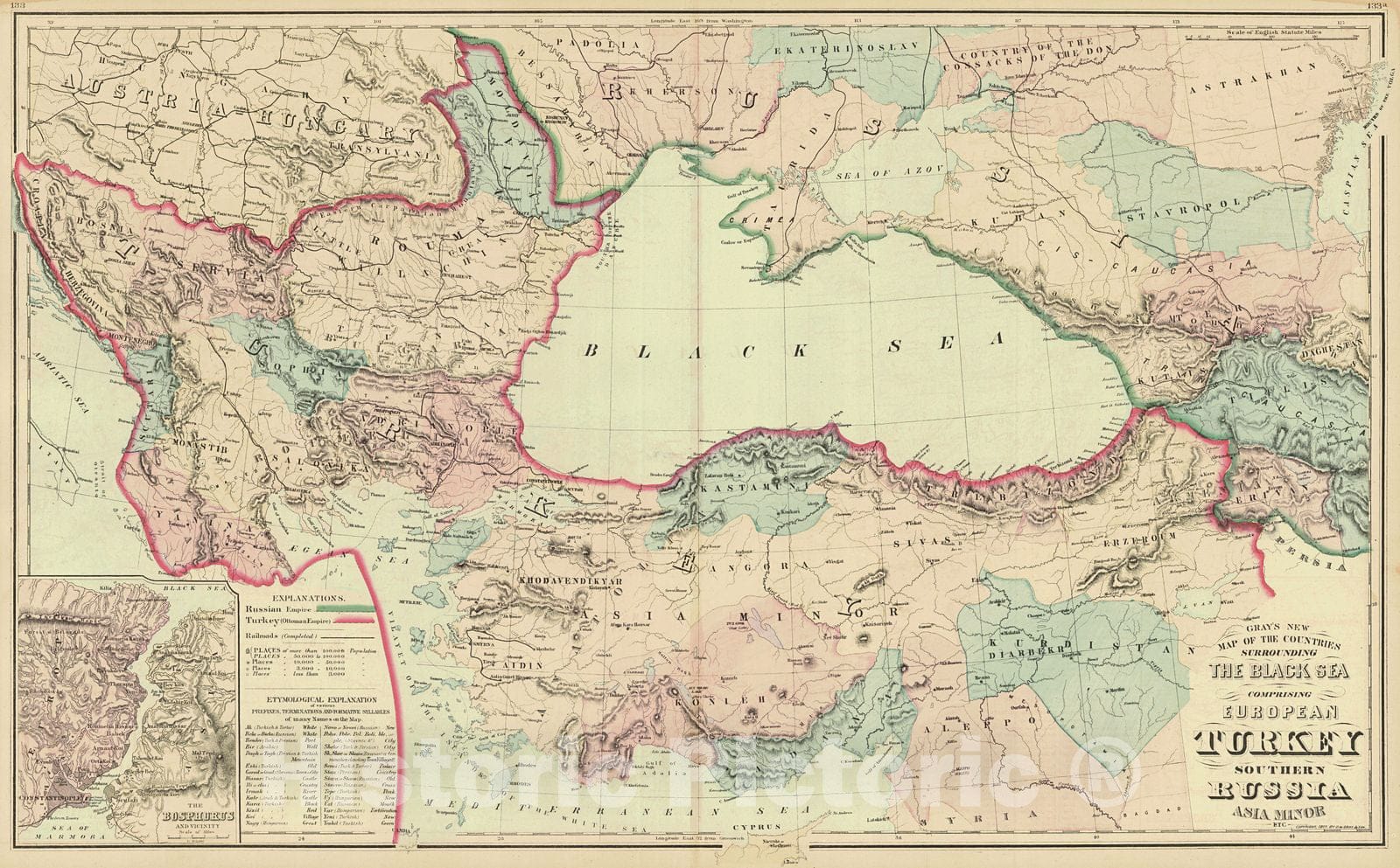 Historic Map : 1876 Gray's new map of the countries surrounding the Black Sea, comprising European Turkey, southern Russia and Asia Minor : Vintage Wall Art