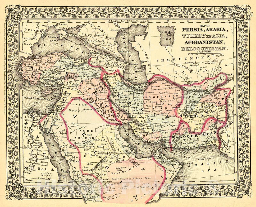 Historic Map : 1880 Map of Persia, Arabia, Turkey in Asia, Afghanistan and Beloochistan : Vintage Wall Art