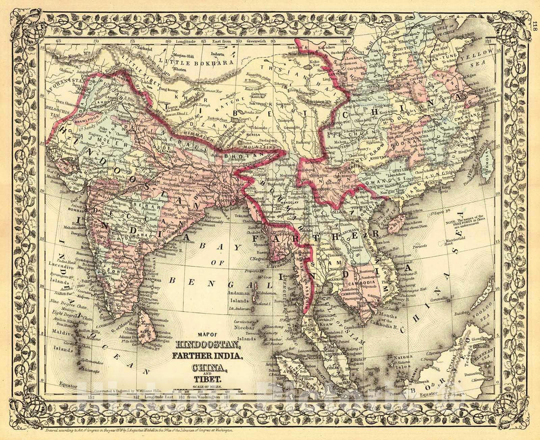 Historic Map : 1880 Map of Hindostan, Farther India, China and Tibet : Vintage Wall Art