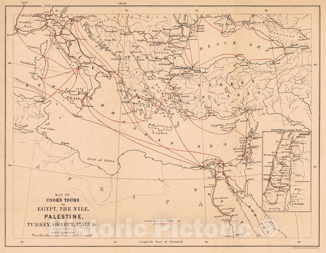 Historic Map : 1881 Map of Cook's Tours to Egypt, The Nile, Palestine, Turkey, Greece, Italy : Vintage Wall Art