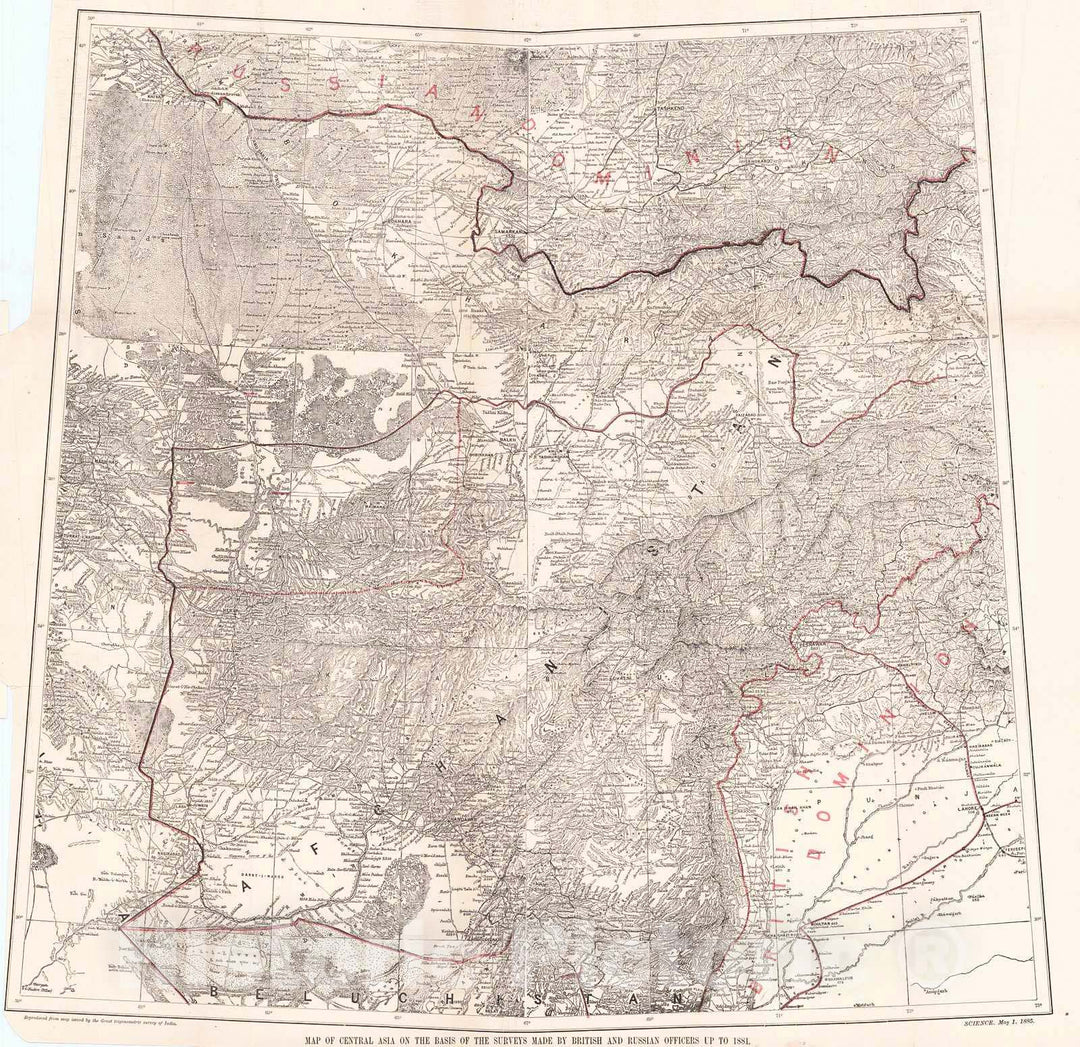 Historic Map : 1885 Map of Central Asia on the Basis of the Surveys Made by British and Russian Officers Up to 1881 : Vintage Wall Art