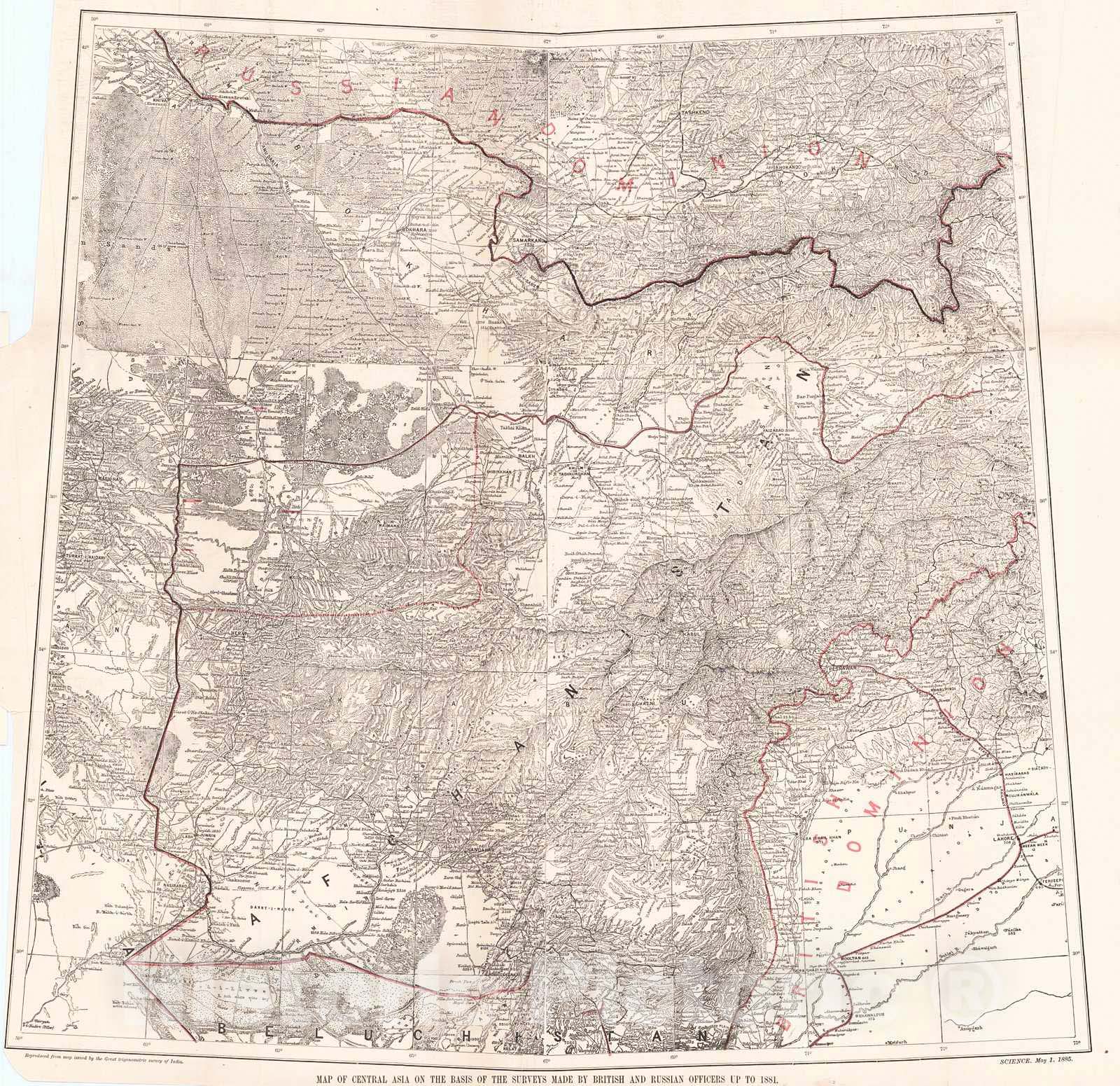 Historic Map : 1885 Map of Central Asia on the Basis of the Surveys Made by British and Russian Officers Up to 1881 : Vintage Wall Art