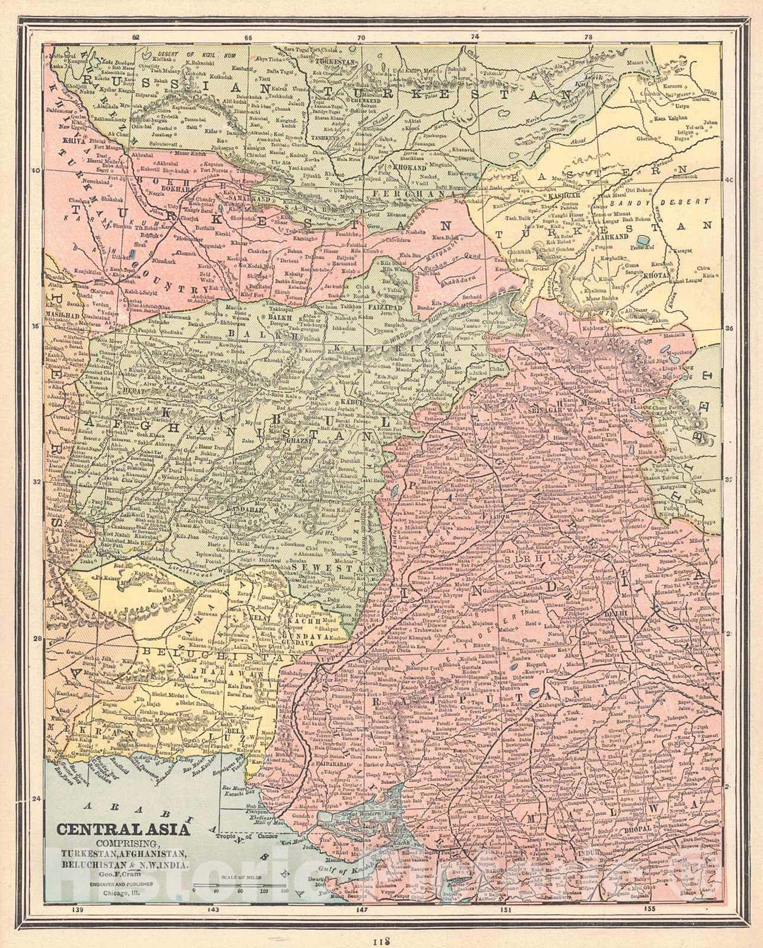 Historic Map : 1887 Central Asia comprising Turkestan, Afghanistan, Beluchistan, & N.W. India : Vintage Wall Art