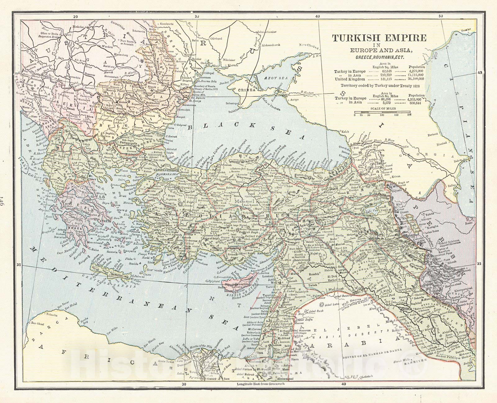 Historic Map : 1888 Turkish Empire in Europe and Asia, Greece, Roumania, ect. : Vintage Wall Art