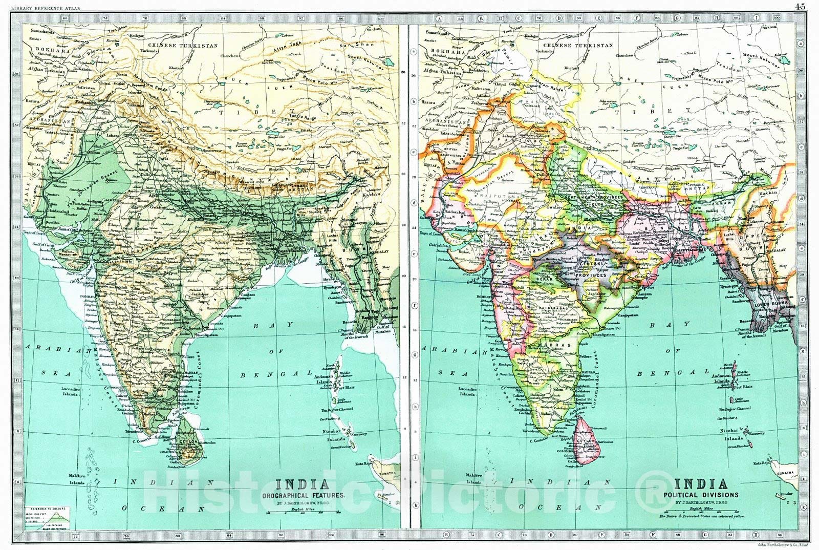 Historic Map : 1890 India Geographical Features, India Political Features : Vintage Wall Art