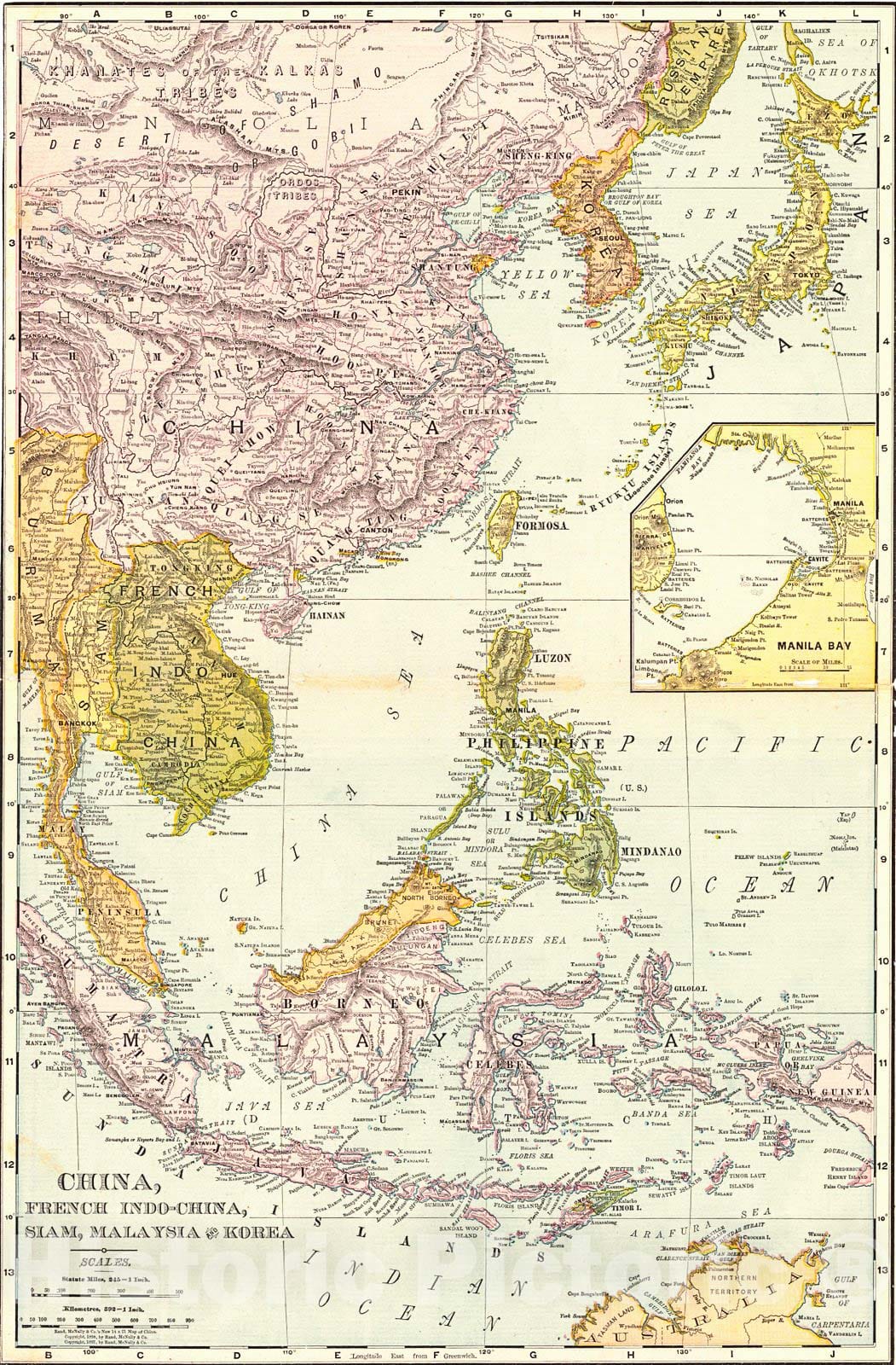 Historic Map : 1898 China, French Indo-China, Siam, Malaysia, and Korea : Vintage Wall Art