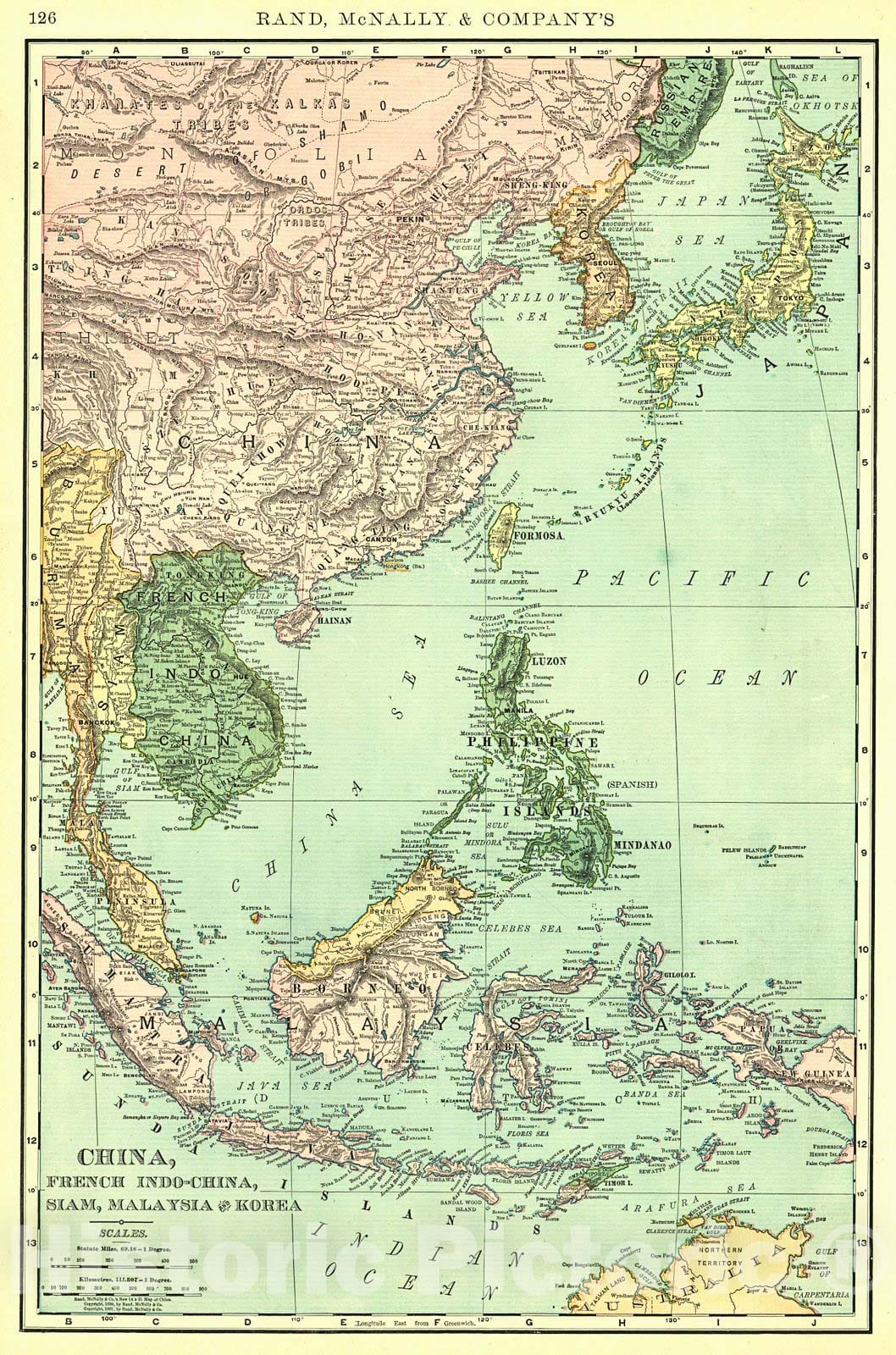 Historic Map : 1898 China, French Indo-China, Siam, Malaysia and Korea : Vintage Wall Art