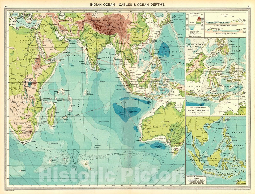 Historic Map : 1910 Indian Ocean: Cables and Ocean Depths  : Vintage Wall Art