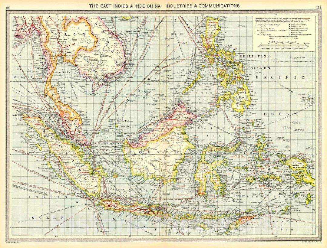 Historic Map : 1910 The East Indies and Indo-China: Industries and Communications : Vintage Wall Art