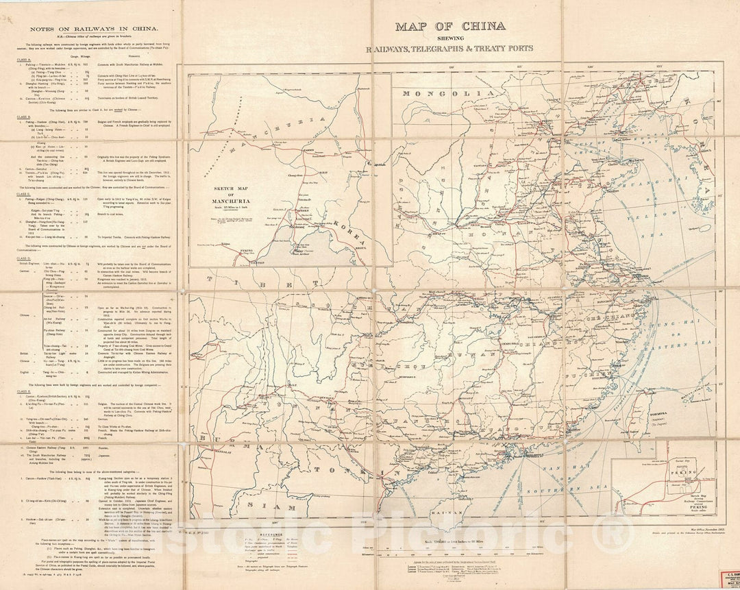 Historic Map : 1913 Map of China Showing Railways, Telegraphs & Treaty Ports : Vintage Wall Art