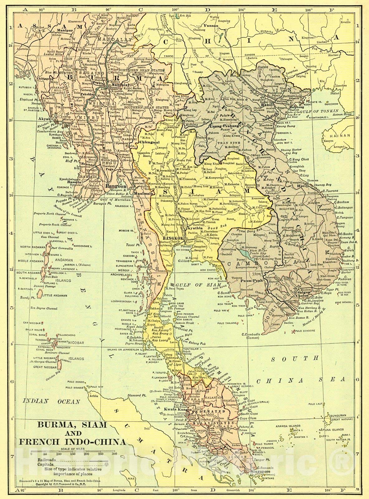 Historic Map : 1917 Burma, Siam and French Indo-China : Vintage Wall Art