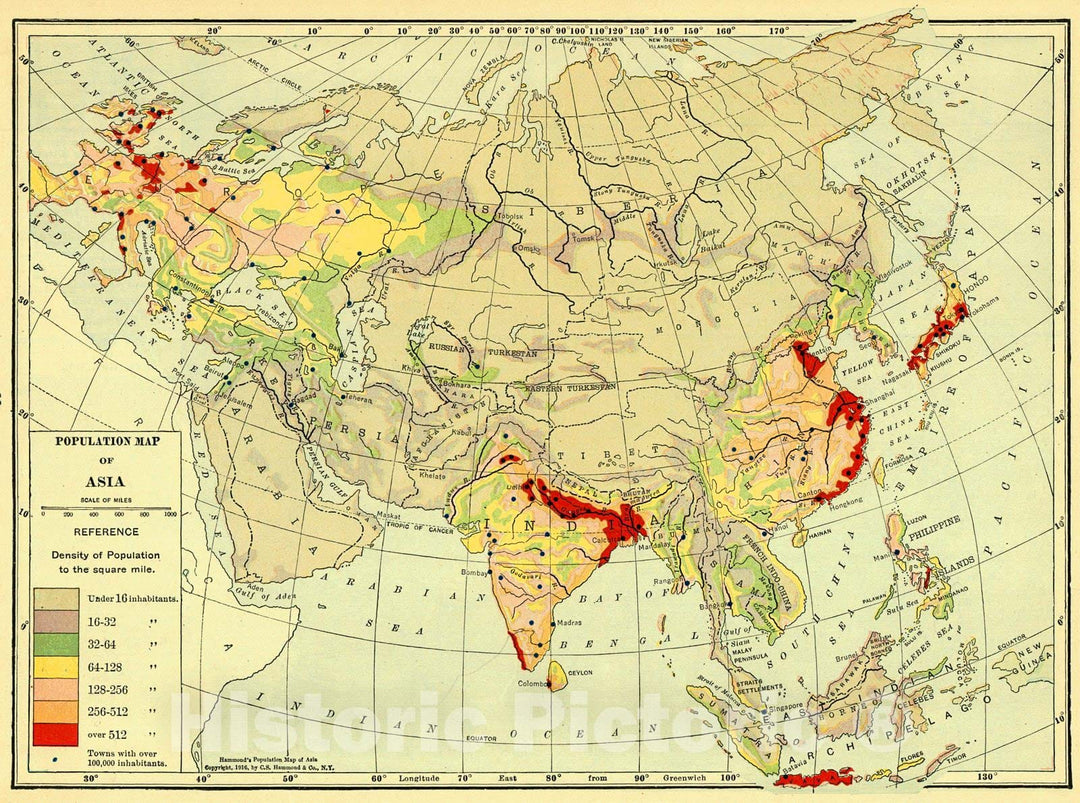 Historic Map : 1917 Population Map of Asia : Vintage Wall Art