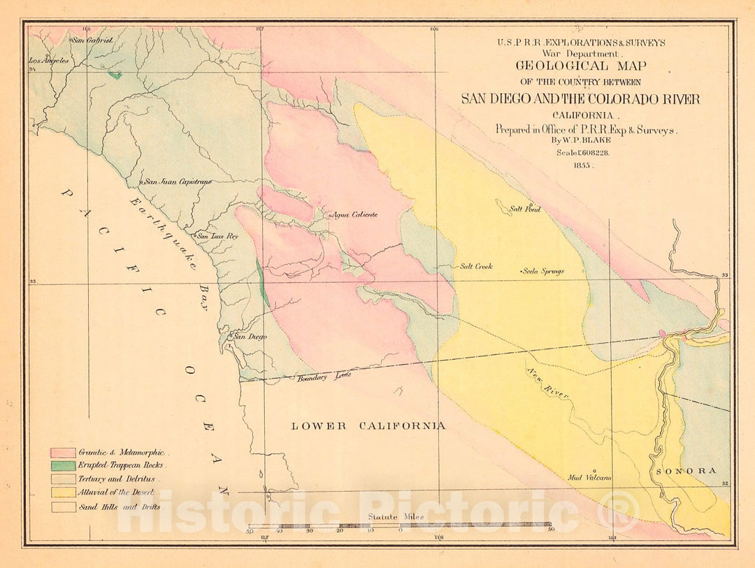 Historic Map : 1855 Geological Map of the Country Between San Diego and the Colorado River : Vintage Wall Art