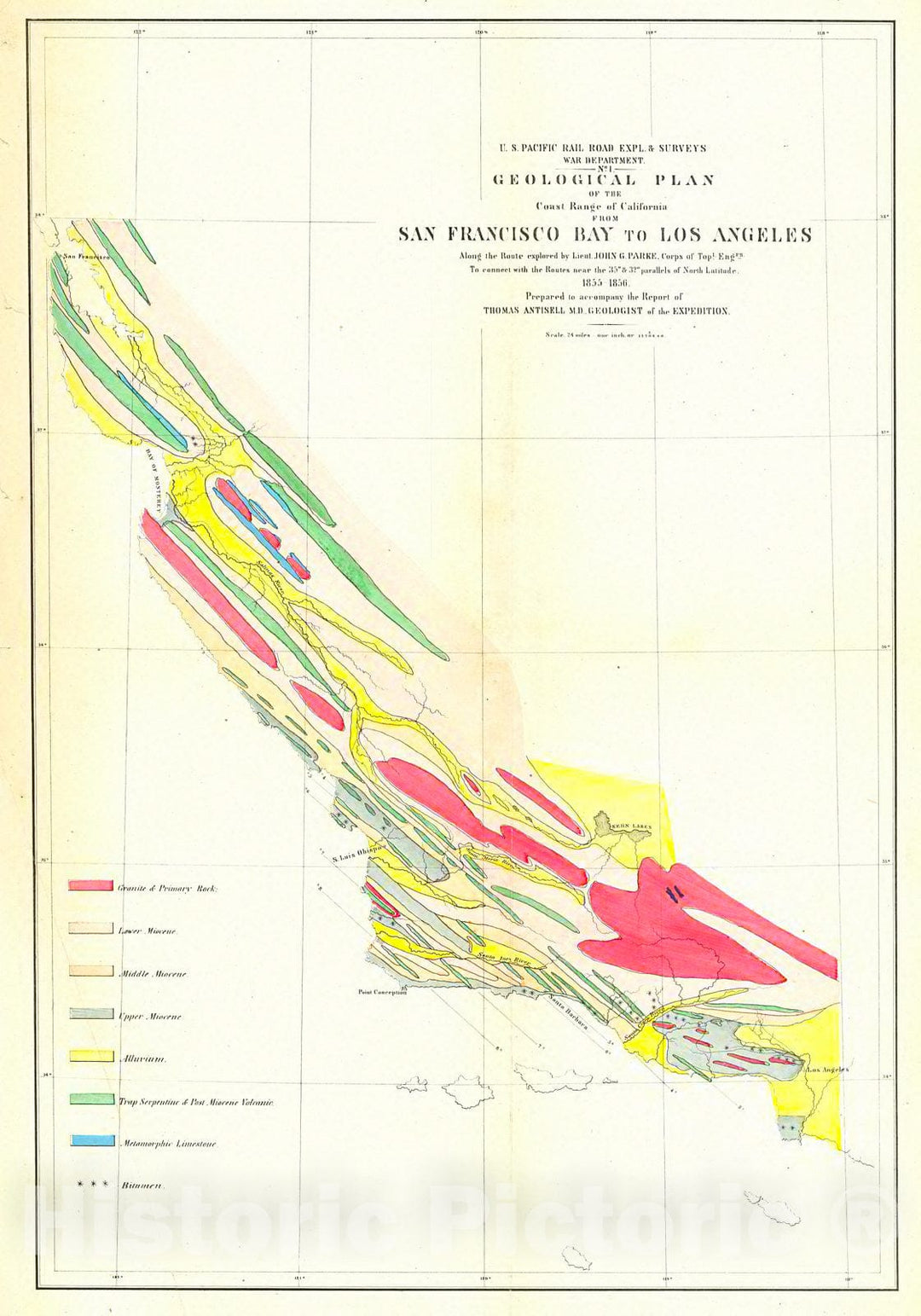 Historic Map : 1856 Geological Plan of the Coastal Range of California from San Francisco Bay to Los Angeles : Vintage Wall Art