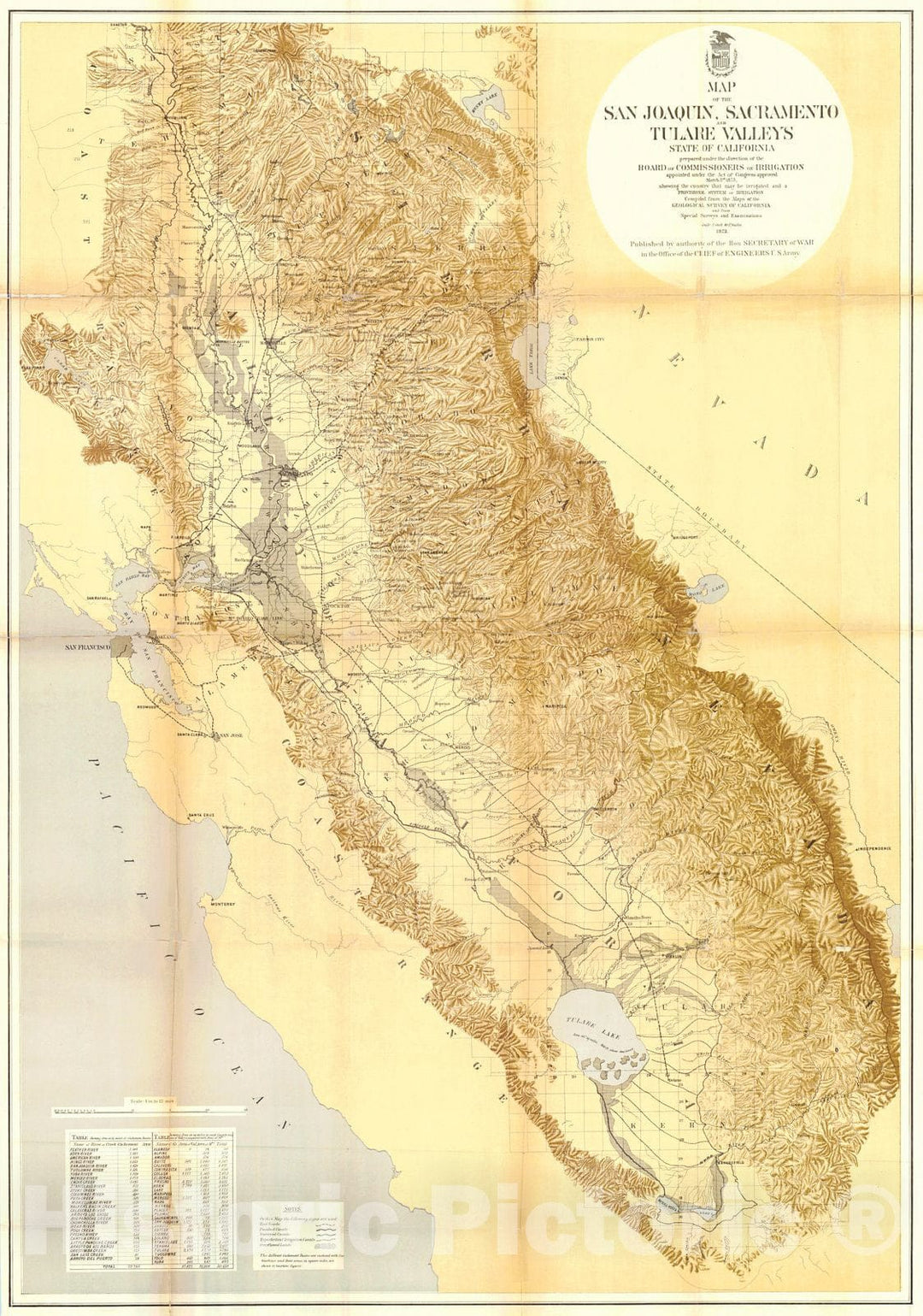 Historic Map : 1873 Map of the San Joaquin, Sacramento and Tulare Valleys, State of California : Vintage Wall Art