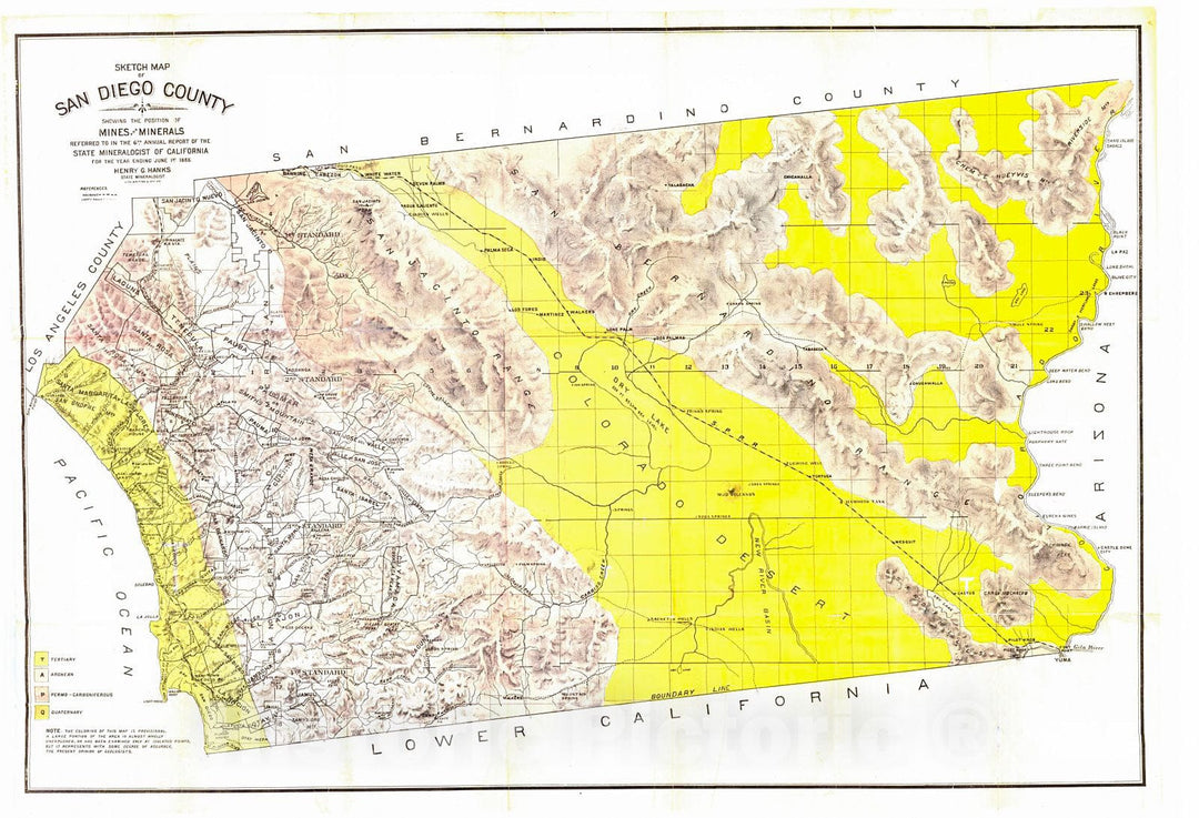 Historic Map : 1886 Sketch Map of San Diego County Showing the Position of Mines and Minerals : Vintage Wall Art