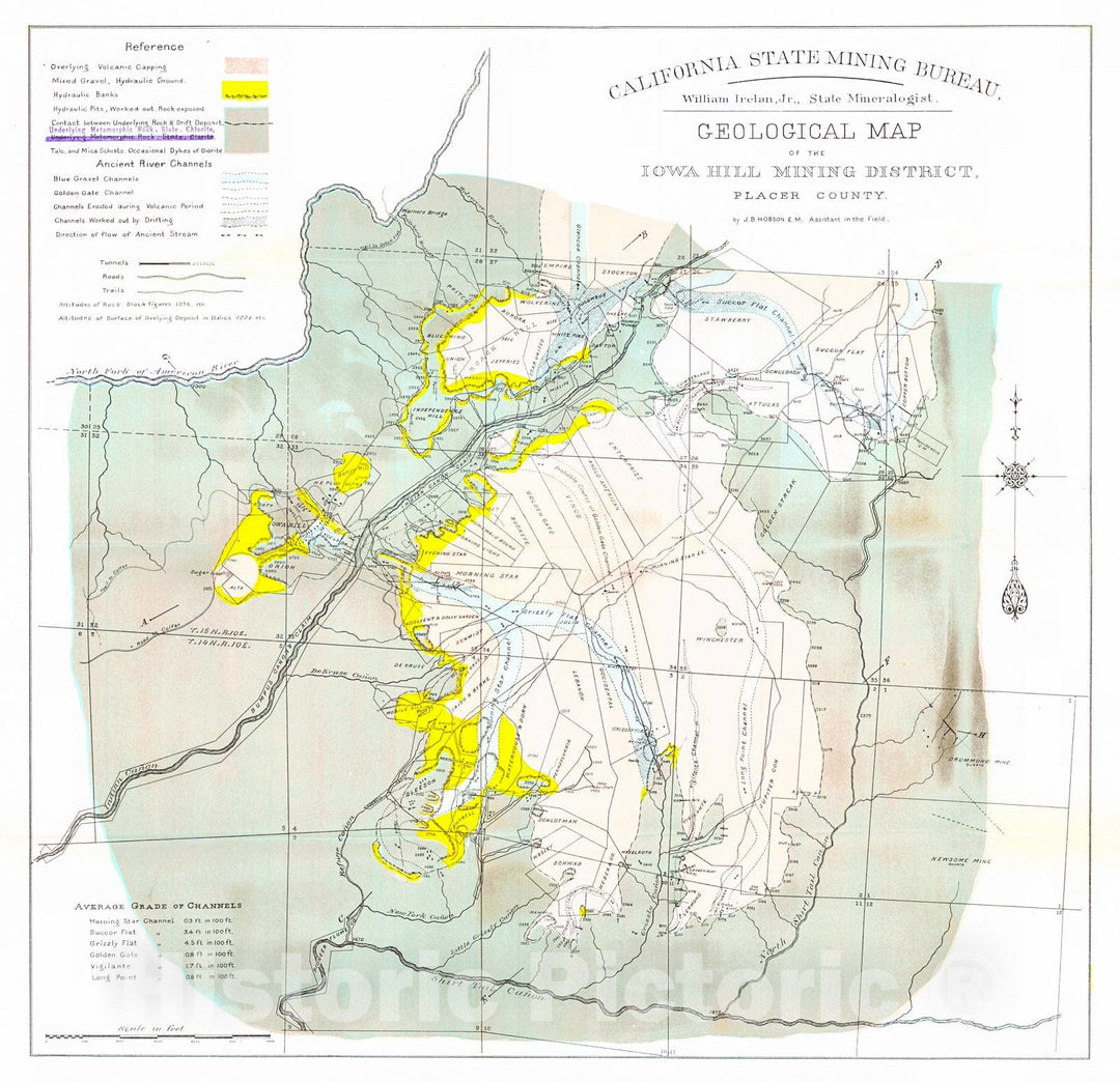 Historic Map : 1890 Geological Map of the Iowa Hill Mining District, Placer County : Vintage Wall Art