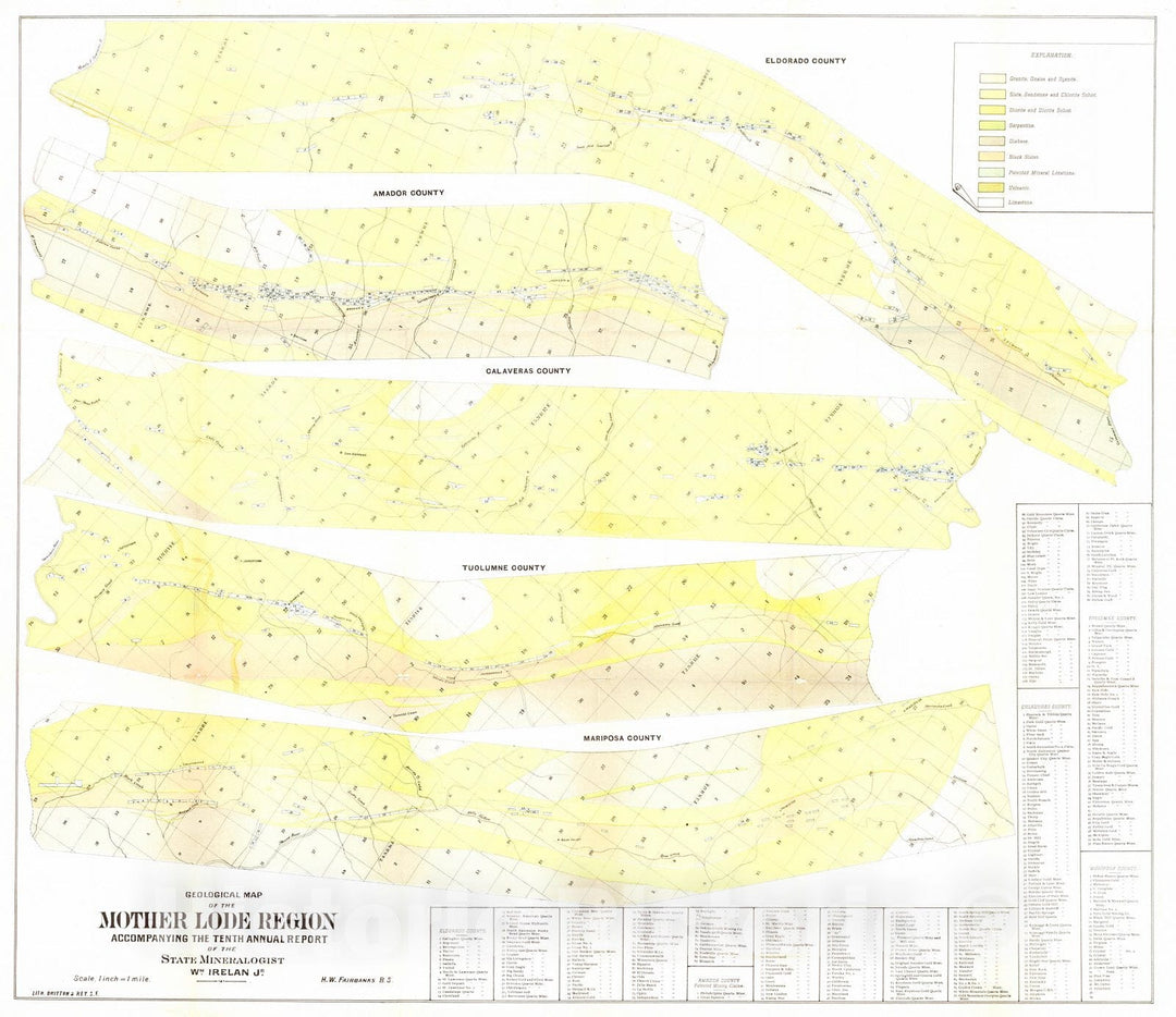 Historic Map : 1890 Geological Map of the Mother Lode Region  : Vintage Wall Art