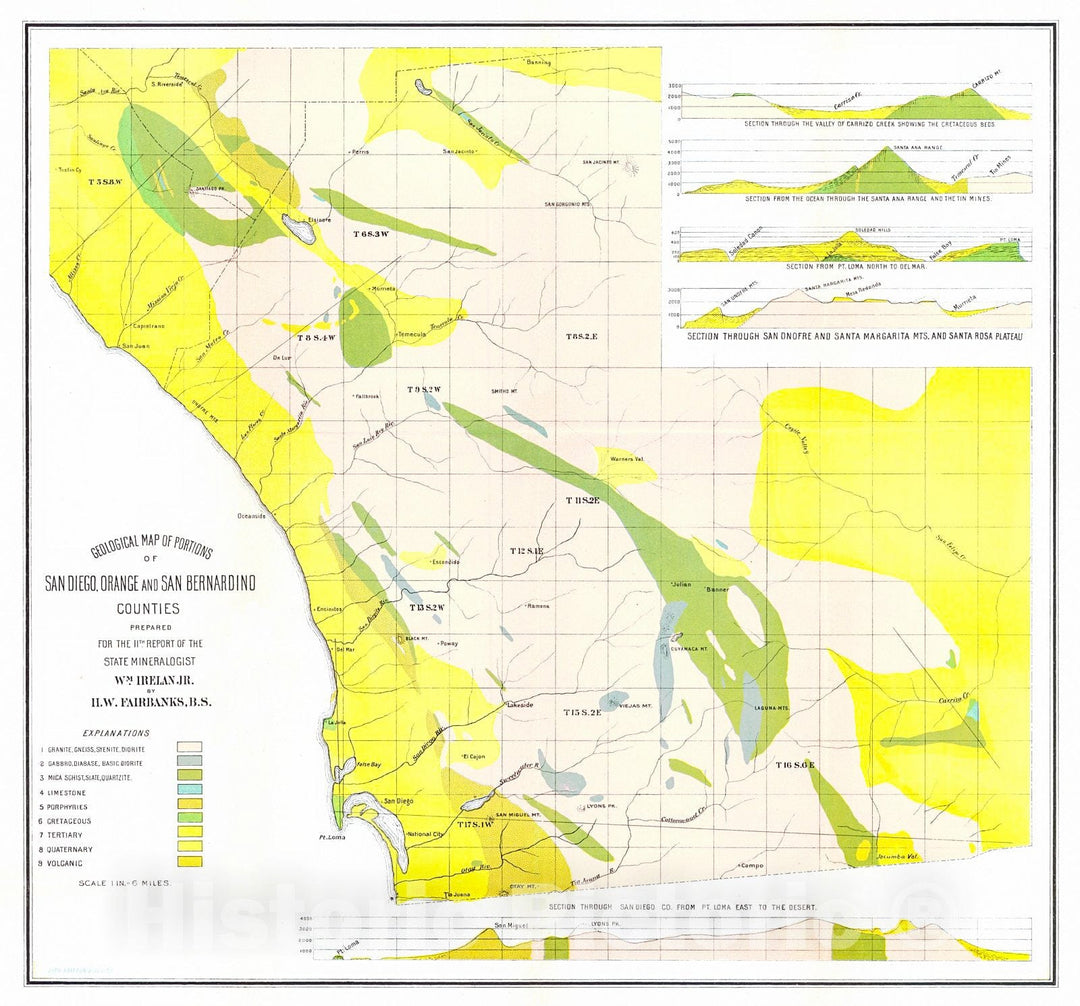 Historic Map : 1891 Geological Map of Portions of San Diego, Orange, and San Bernardino Counties : Vintage Wall Art