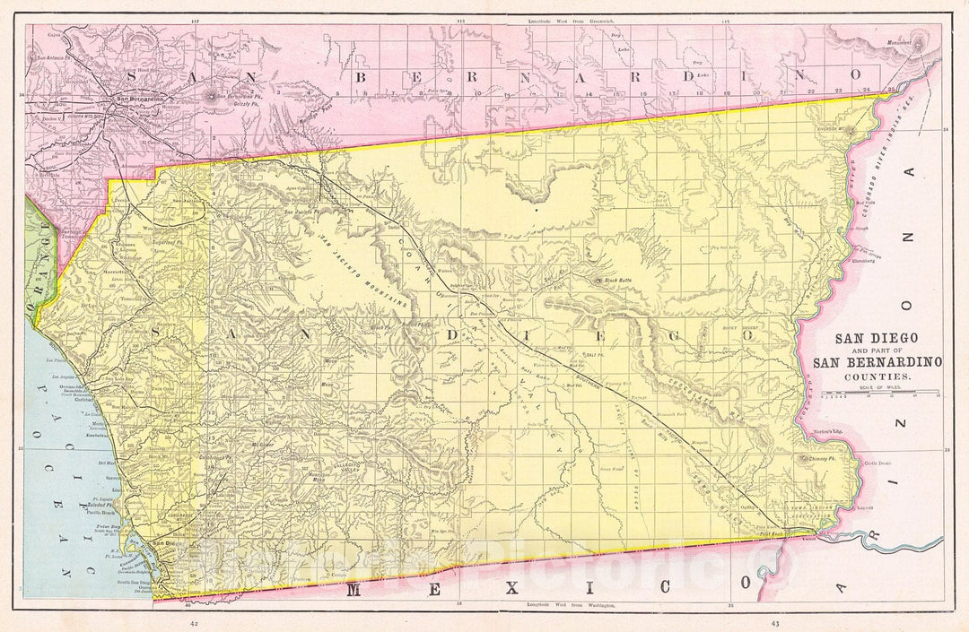 Historic Map : 1892 San Diego and Part of San Bernardino Counties  : Vintage Wall Art