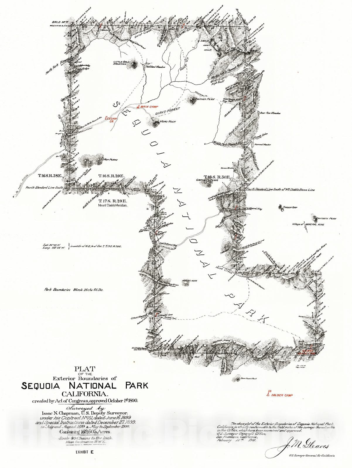 Historic Map : 1901 Plot of the Exterior Boundaries of Sequoia National Park, California : Vintage Wall Art