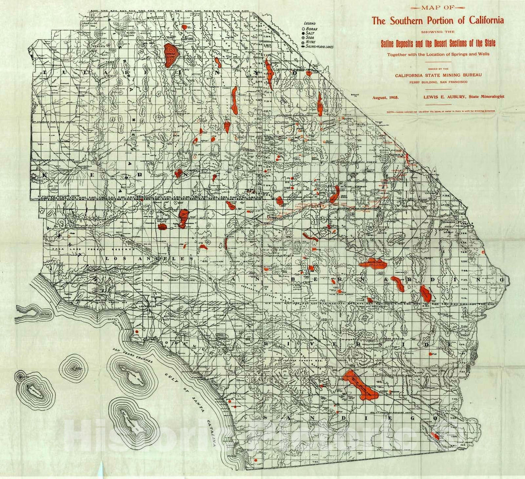 Historic Map : 1905 Map of the Southern Portion of California showing the Saline Deposits and the Desert Section of the State  : Vintage Wall Art