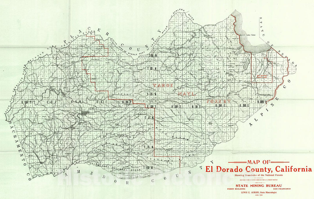 Historic Map : 1909 Map of El Dorado County, California Showing Boundaries of the National Forests : Vintage Wall Art