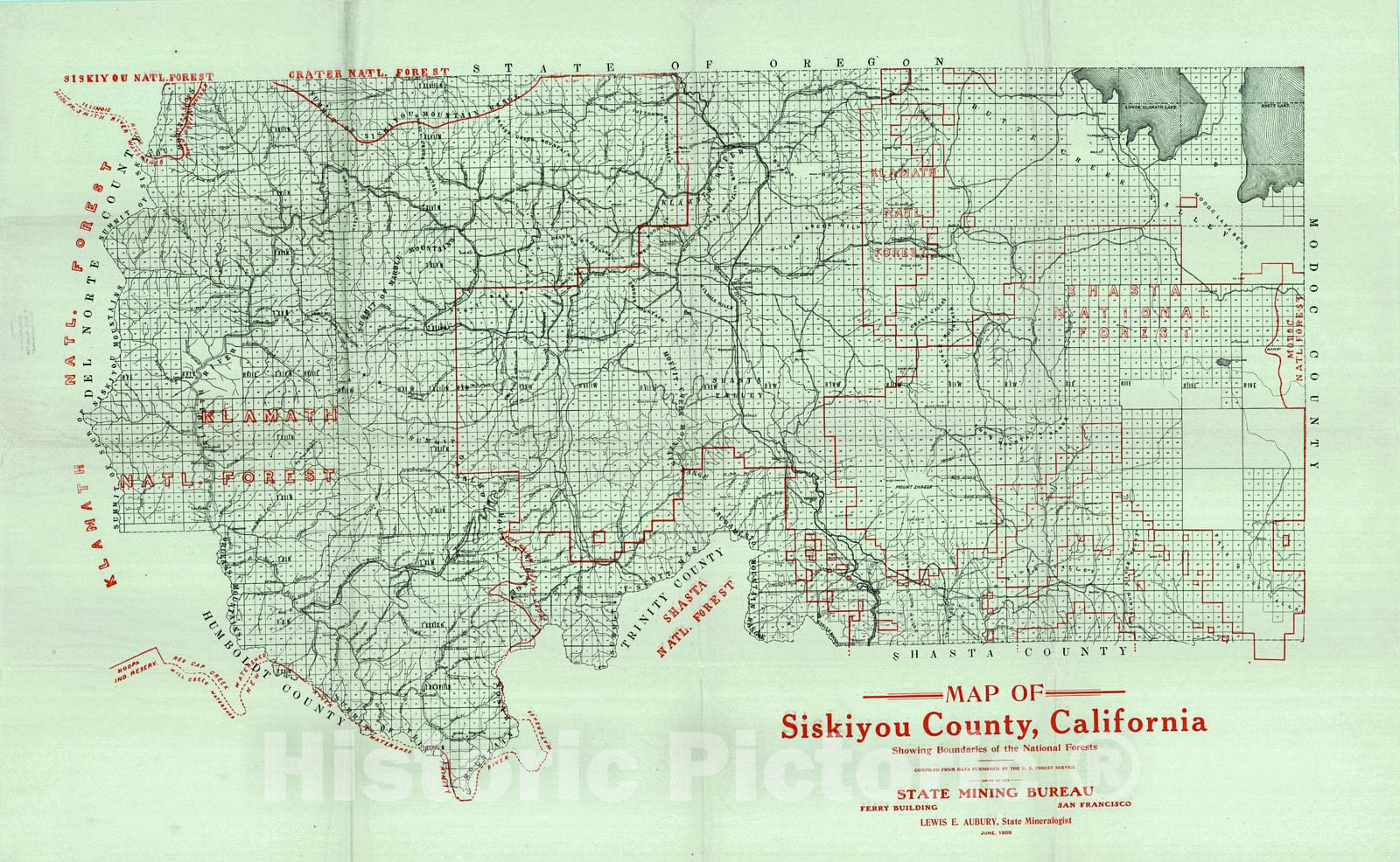 Historic Map : 1909 Map of Siskiyou County, California Showing Boundaries of the National Forests : Vintage Wall Art