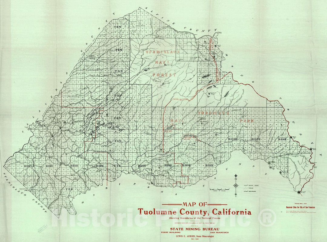 Historic Map : 1909 Map of Tuolumne County, California Showing Boundaries of National Forests : Vintage Wall Art