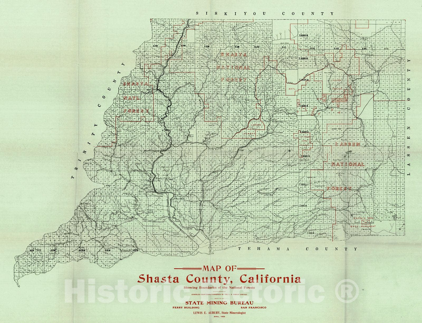 Historic Map : 1909 Map of Shasta County, California Showing Boundaries of the National Forests : Vintage Wall Art