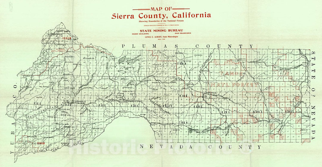 Historic Map : 1909 Map of Sierra County, California Showing Boundaries of the National Forests : Vintage Wall Art