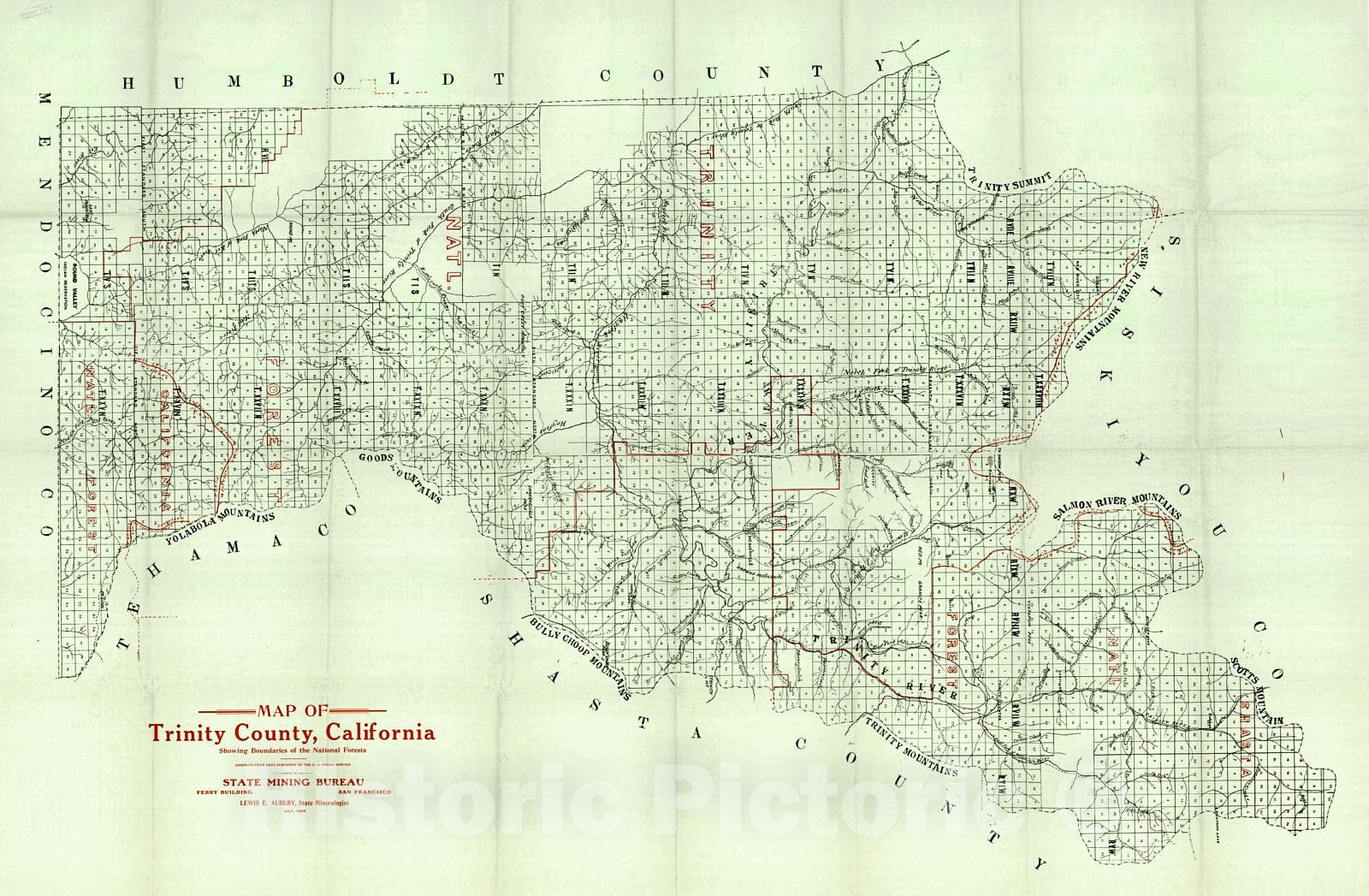 Historic Map : 1909 Map of Trinity County, California Showing Boundaries of the National Forests : Vintage Wall Art