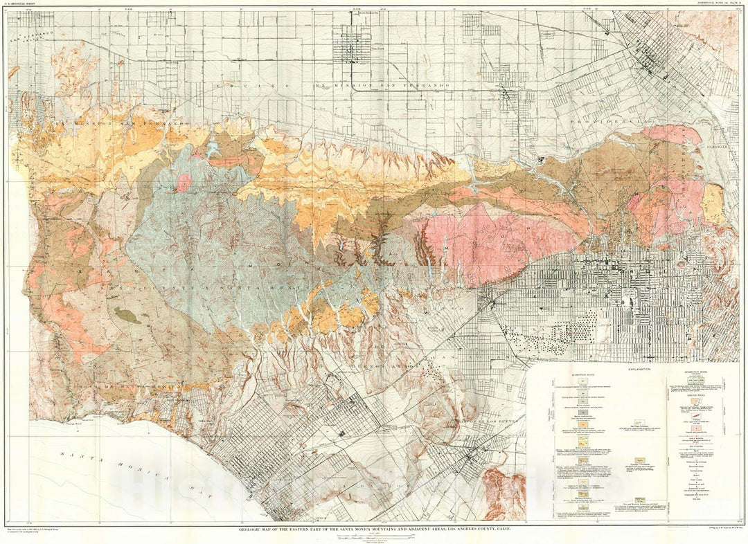 Historic Map : 1931 Geologic map of the eastern part of the Santa Monica Mountains and adjacent areas, Los Angeles County, California  : Vintage Wall Art