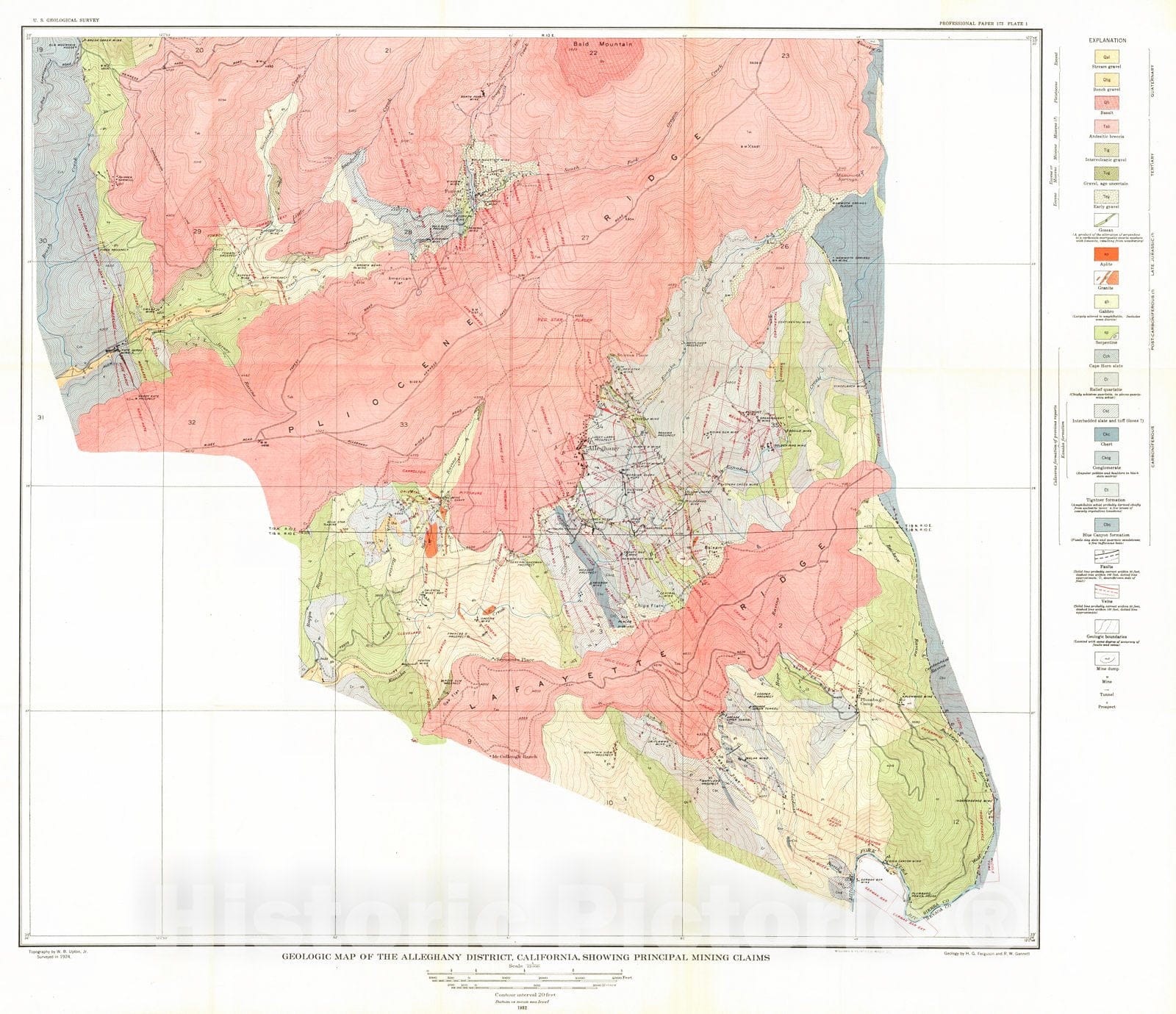 Historic Map : 1932 Geologic map of the Alleghany District, California, showing principal mining claims : Vintage Wall Art