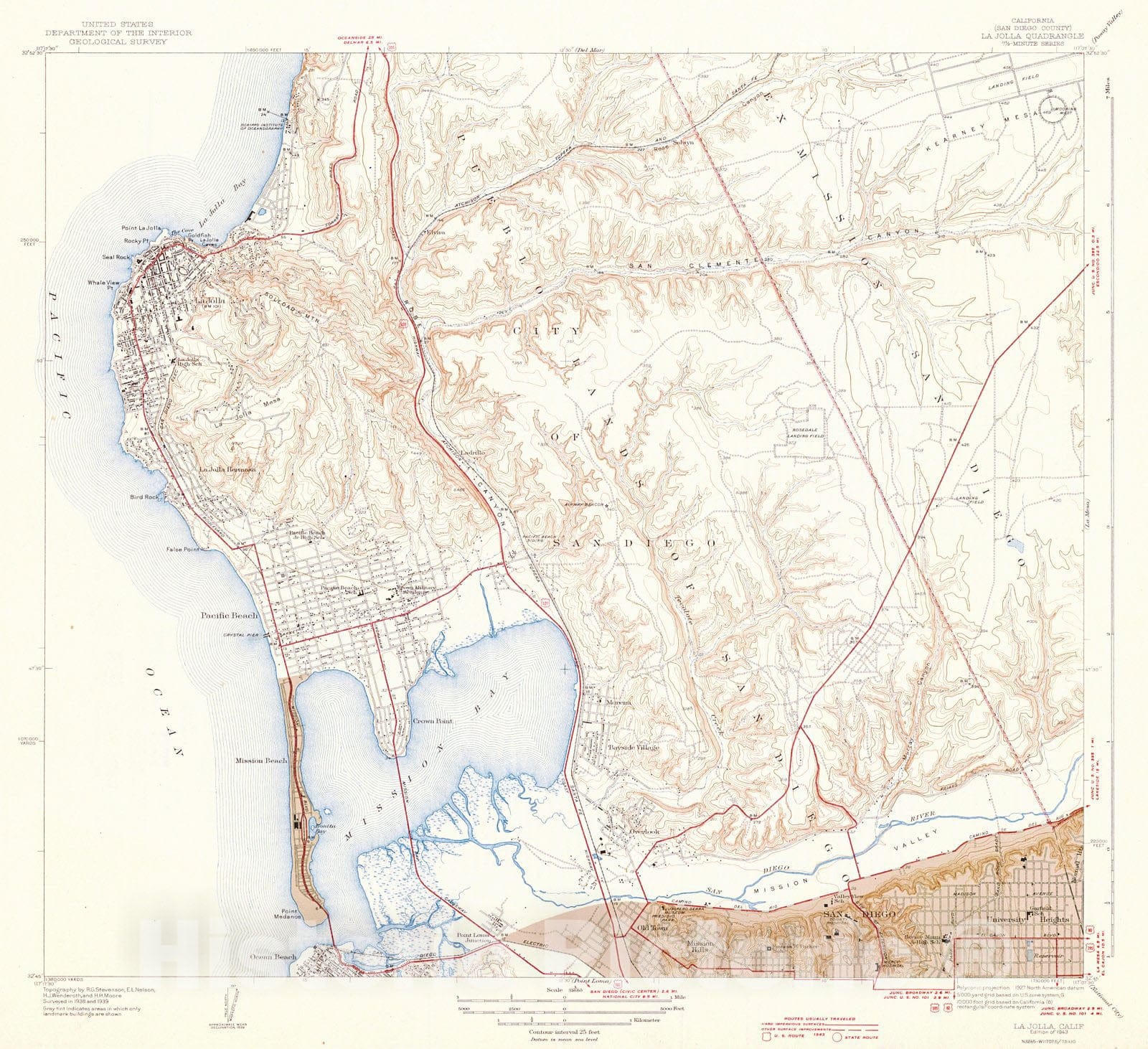 Historic Map : 1943 La Jolla Quadrangle, San Diego County, California : Vintage Wall Art