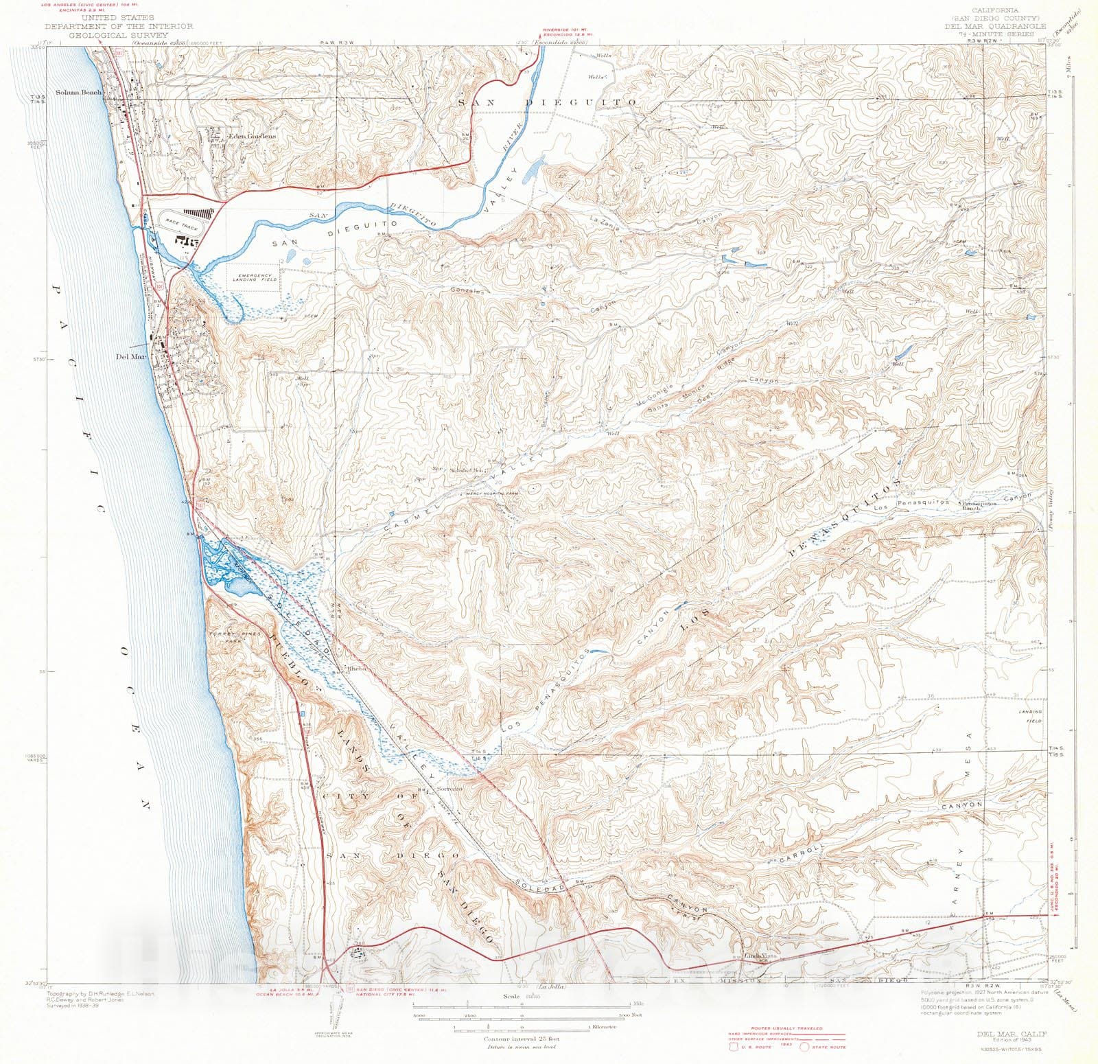 Historic Map : 1943 Del Mar Quadrangle, San Diego County, California : Vintage Wall Art