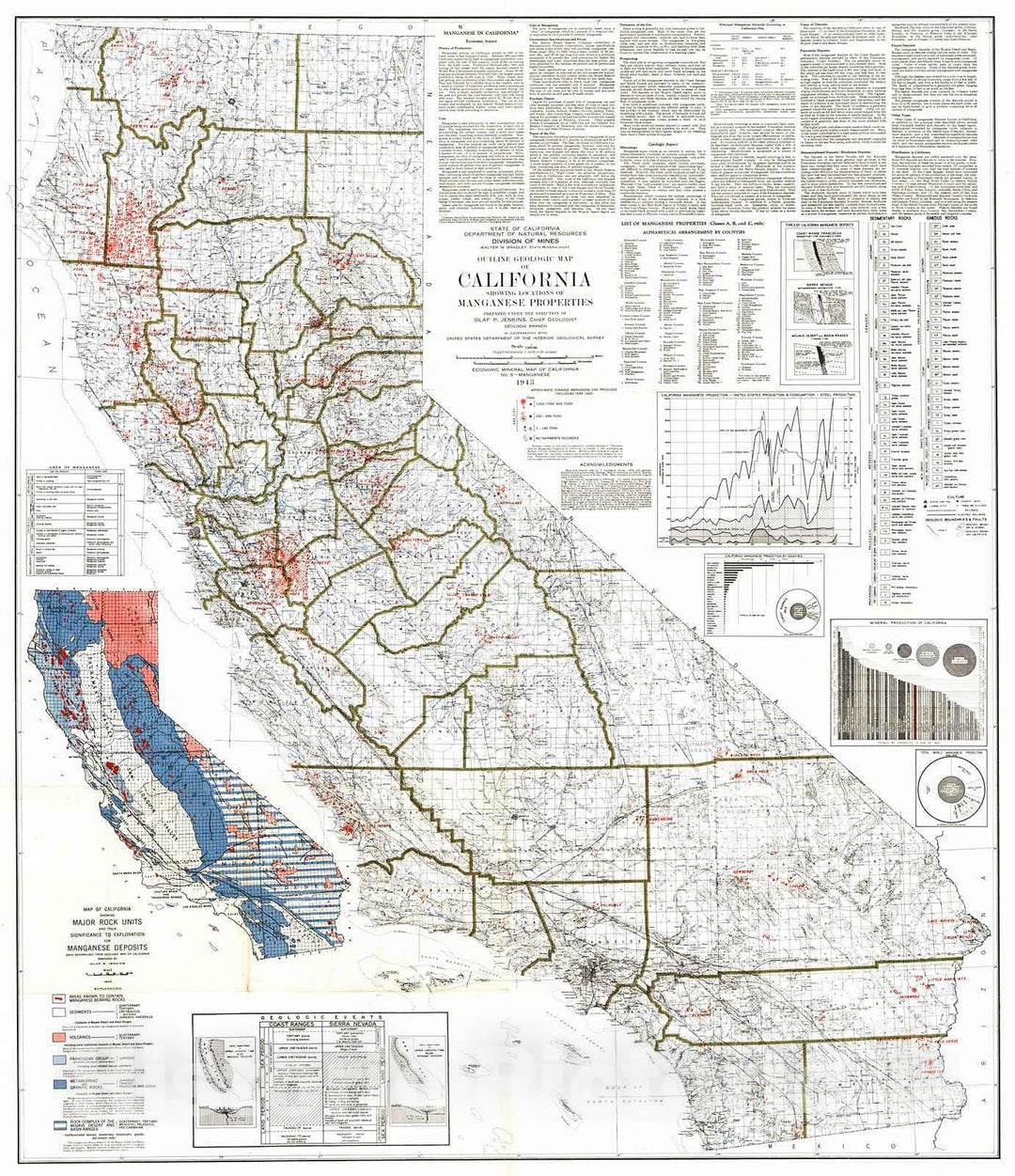 Historic Map : 1943 Outline Geologic Map of California Showing Locations of Manganese Properties : Vintage Wall Art