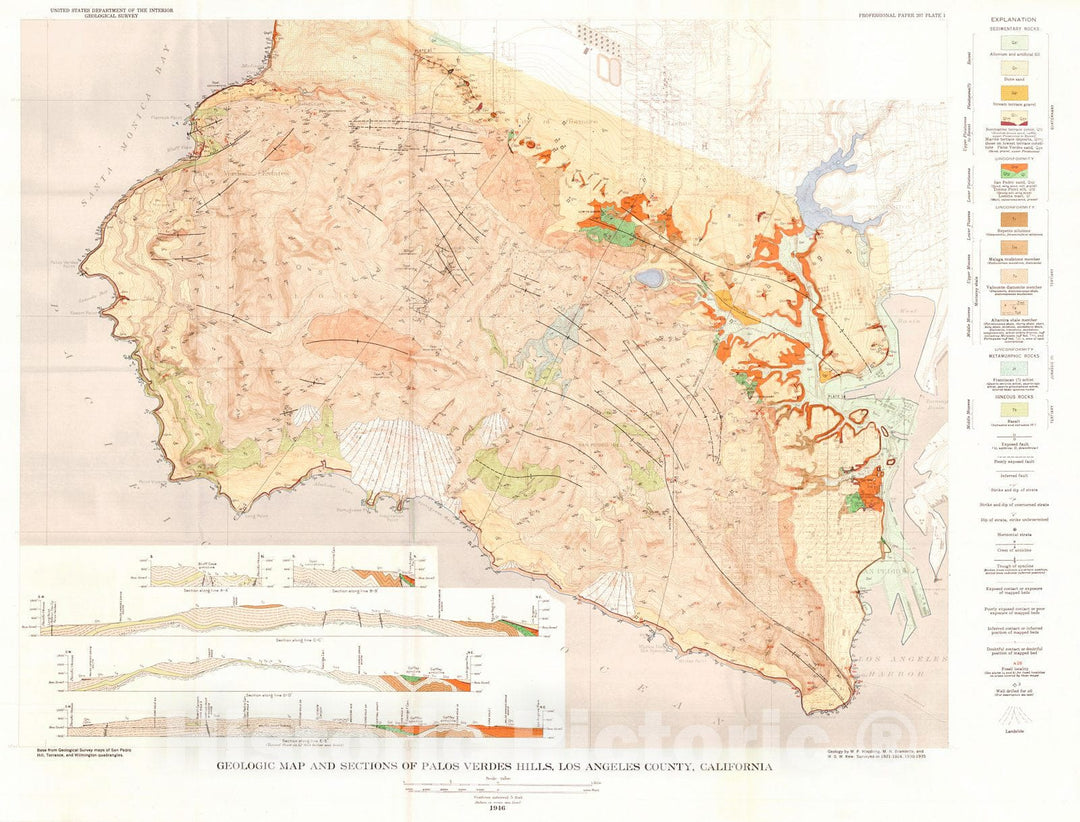 Historic Map : 1946 Geologic map and sections of Palos Verdes Hills, Los Angeles County, California : Vintage Wall Art