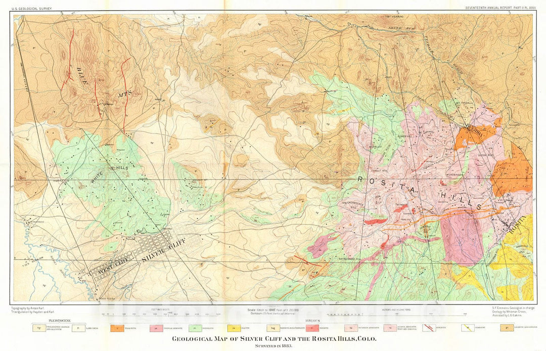 Historic Map : 1896 Geological Map of Silver Cliff and Rosita Hills, Colo. : Vintage Wall Art