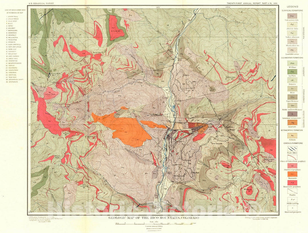 Historic Map : 1900 Geologic map of the Rico Mountains of Colorado : Vintage Wall Art