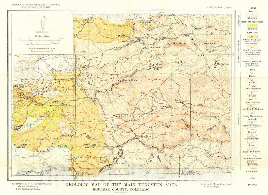 Historic Map : 1908 Geological of the Main Tungsten Area, Boulder County, Colorado : Vintage Wall Art