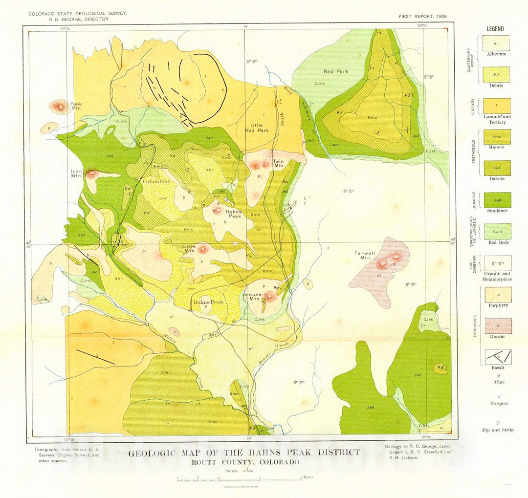 Historic Map : 1908 Geologic Map of the Hahns Peak District, Routt County, Colorado : Vintage Wall Art